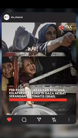 Perserikatan Bangsa-Bangsa (PBB) secara resmi menyatakan bencana kelaparan di Jalur Gaza, menyalahkan aksi sistematis oleh Israel. Bencana kelaparan tersebut dinyatakan oleh para ahli Integrated Food Security Phase Classification (IPC) yang berbasis di Roma. Krisis ini emengaruhi 500.000 orang di Kegubernuran Gaza, yang mencakup sekitar seperlima wilayah Jalur Gaza termasuk Kota Gaza. IPC memproyeksikan bencana kelaparan akan meluas ke kegubernuran Deir el-Balah dan Khan Yunis pada akhir September, yang mencakup sekitar dua pertiga wilayah Jalur Gaza. #foryou #fyp #palestine #investor 