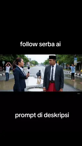 pejabat AI emang gitu hahahah prompt: Seorang wanita Indonesia berpenampilan seperti reporter berita, memakai blazer formal dan memegang mikrofon, sedang mewawancarai seorang laki-laki Indonesia. Laki-laki itu mengenakan setelan jas lengkap dengan dasi dan peci hitam, namun bawahannya memakai sarung. Mereka berdiri di tengah jalan rusak penuh lubang dan kubangan air. Reporter bertanya dengan ekspresi serius dalam bahasa Indonesia: 