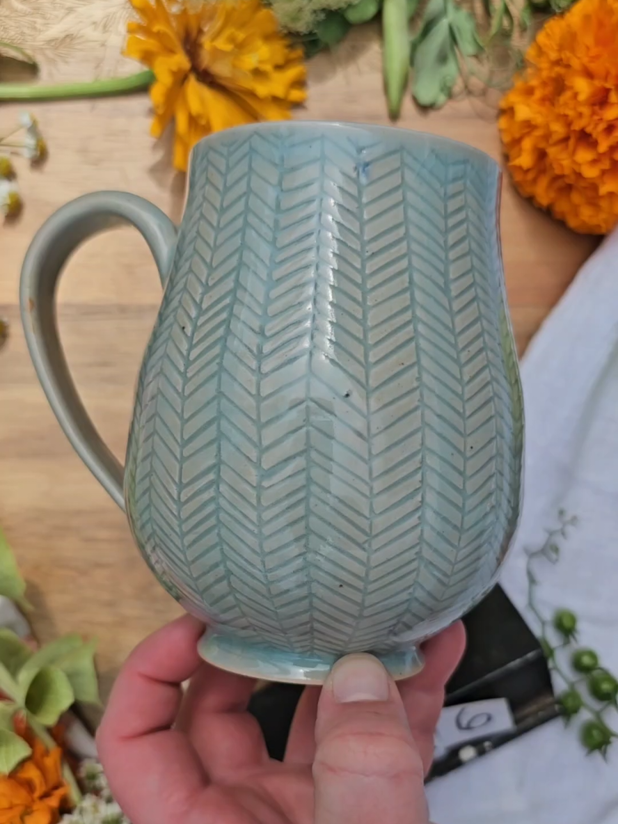 here are those carved mugs finished! sorry it's taken me a minute, we've had 3 very long days firing! #NowWhatPotteryWorks #Pottery #Art #Celadon #Mug 