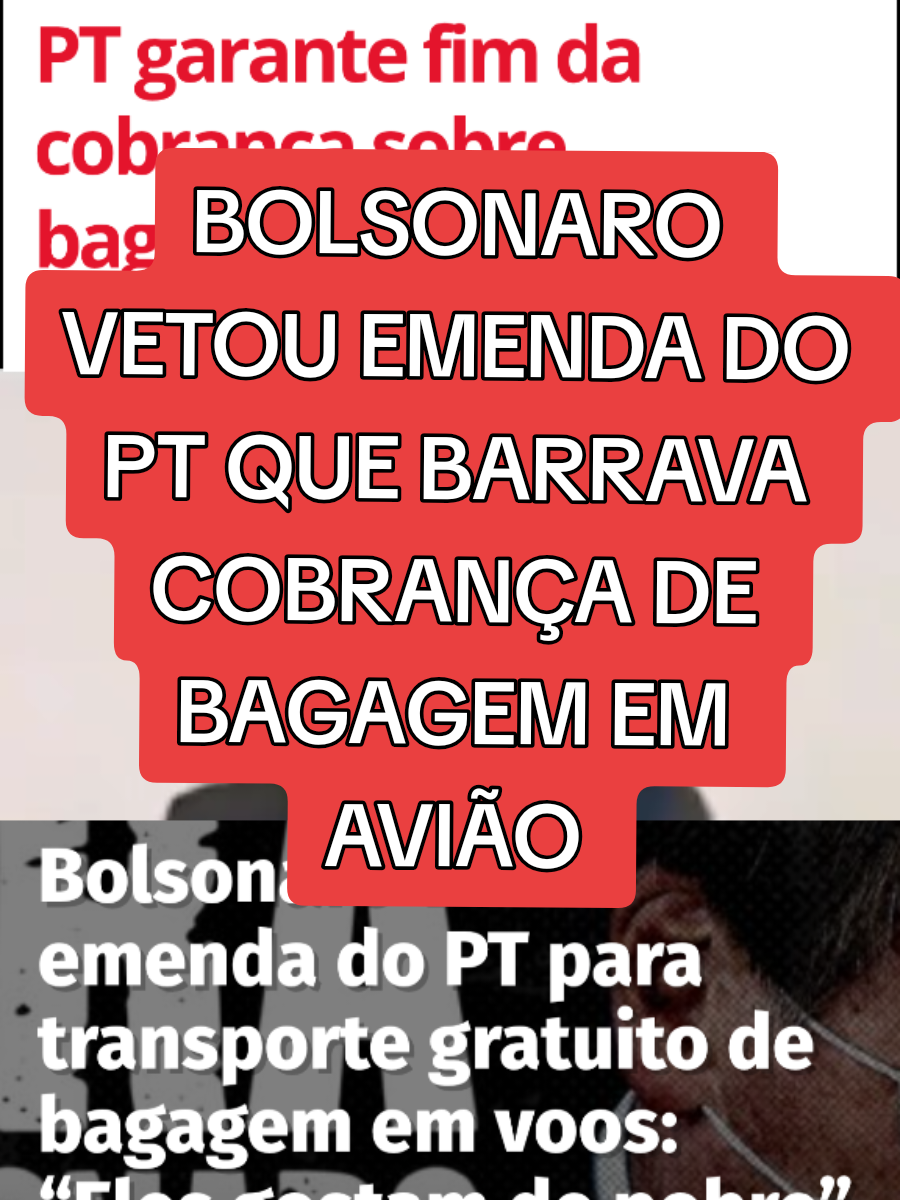 #noticias #lula #lula2026 #bolsonaro #bolsonarista   Bolsonaro vetou uma emenda aprovada por deputados e senadores que proibia as companhias aéreas de cobrarem pela bagagem de 23 quilos — uma medida que beneficiaria diretamente a população, especialmente as camadas mais vulneráveis. Em vídeo, ele justificou o veto dizendo que 