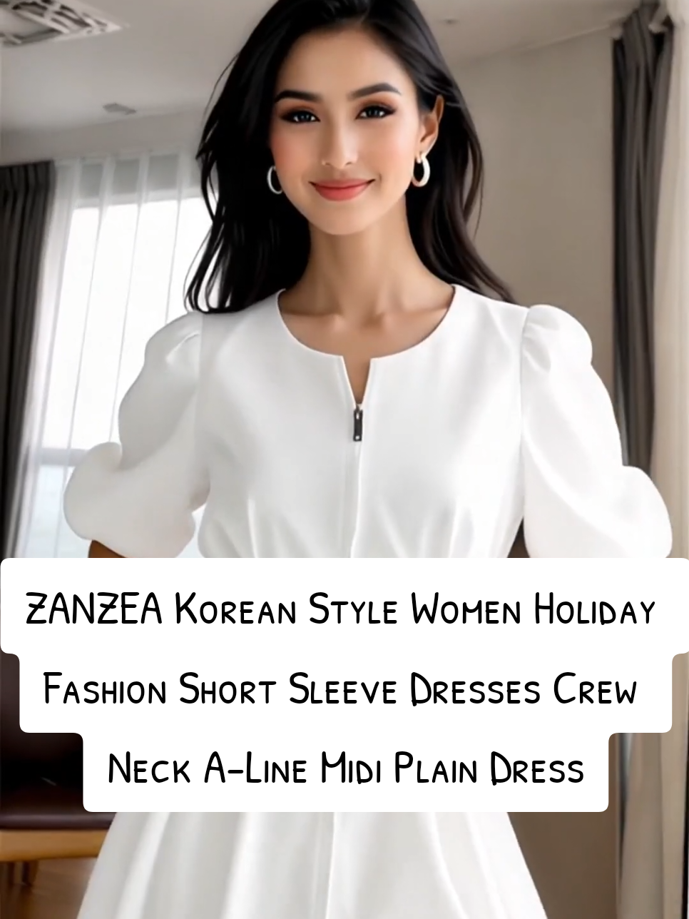 ZANZEA Korean Style Women Holiday Fashion Short Sleeve Dresses Crew Neck A-Line Midi Plain Dress #KoreanFashion #WomensDress #SummerStyle #MidiDress #fyp 