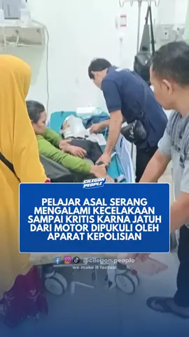 Seorang pelajar SMKN 2 Kota Serang bernama Violent Agara Casttilo (16) mengalami kecelakaan hingga kritis di sekitar jalan Syekh Nawawi Al Bantani, Kelurahan Cilaku, Kecamatan Curug, Kota Serang, Senin (25/8/25). Menurut pengakuan keluarga, Korban diketahui jatuh dari motor karena dipukul oleh aparat kepolisian saat sedang berpatroli. Saat ini korban mengalami kritis di ICU RSUD Banten. 🔍: @fesbukbanten