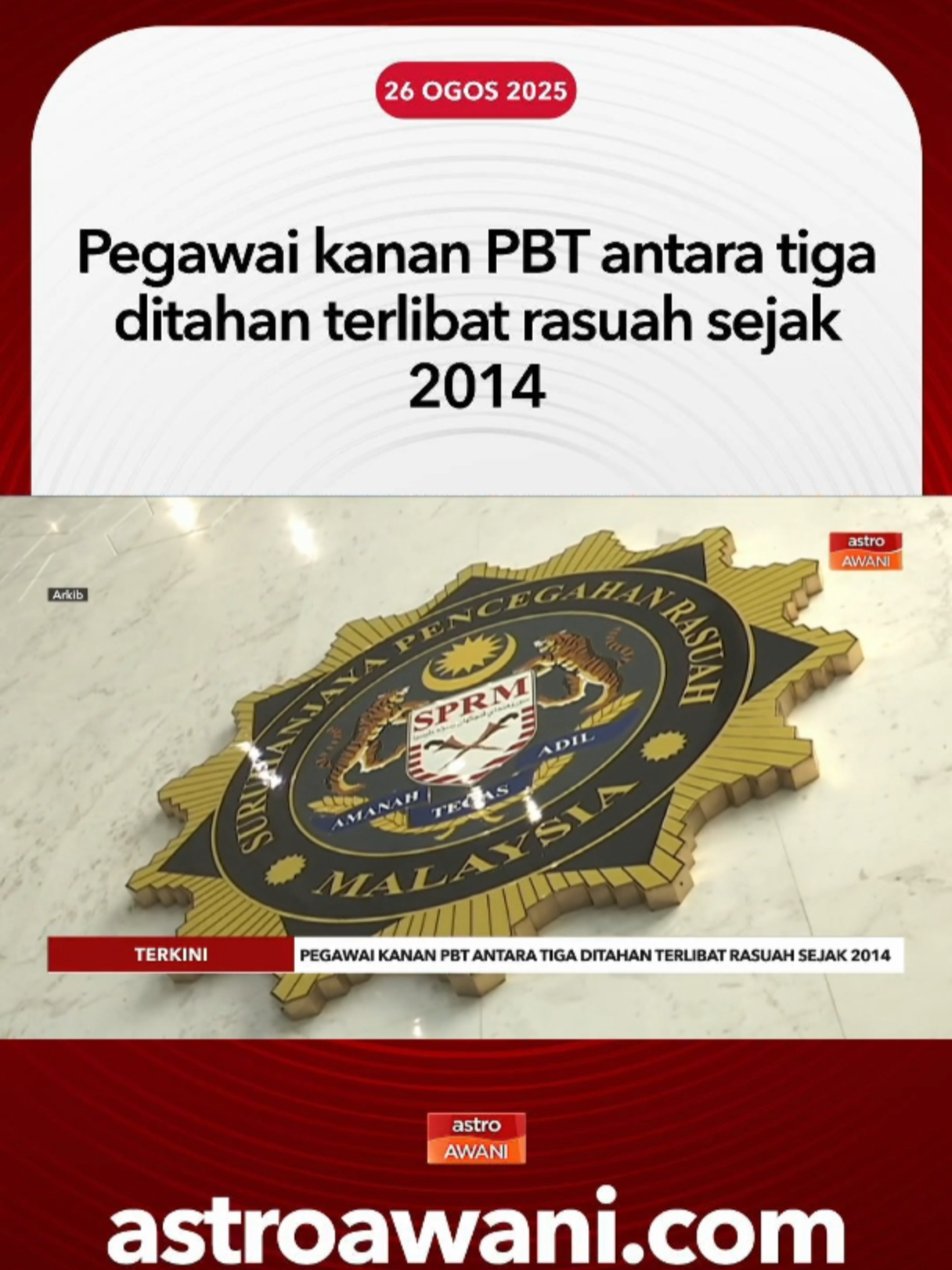 Suruhanjaya Pencegahan Rasuah Malaysia (SPRM) menahan tiga individu termasuk seorang pegawai kanan gred Jusa B yang berkhidmat dengan pihak berkuasa tempatan (PBT) di ibu negara, kerana disyaki terlibat dengan rasuah sejak 2014. #AWANInews