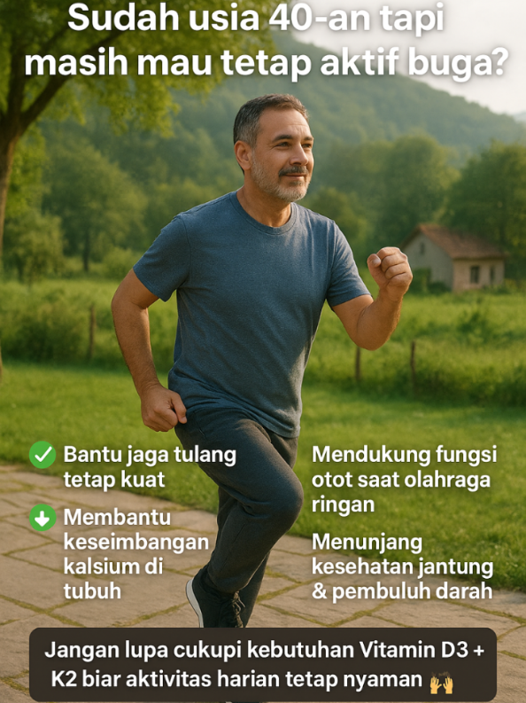Usia 40 plus tapi mau tetap bugar dan aktif.. coba minum vitamin D3 K2 