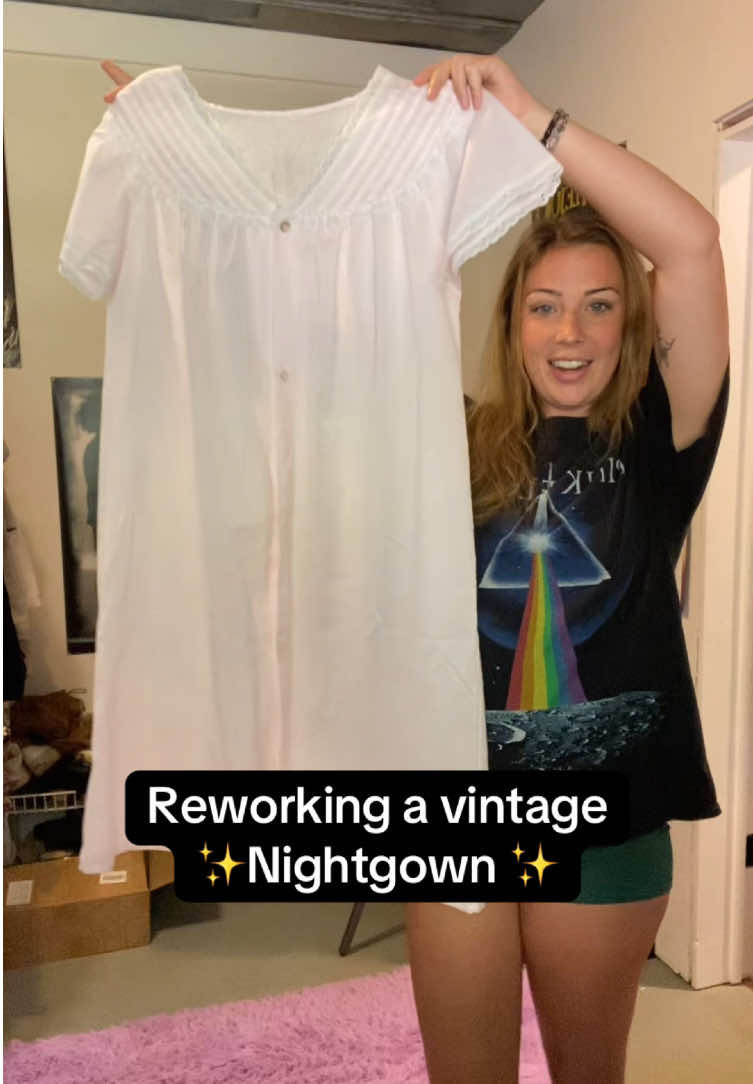 Rework a vintage nightgown with me! This one went a lot smoother than the last iykyk 😂 #reworkedclothing #sewing #howto #depopseller #reworked #upcycling 