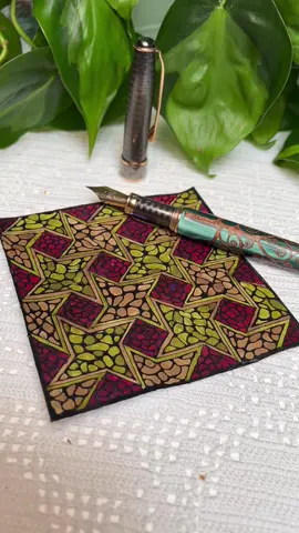 Pattern play with three beautiful inks from Ferris Wheel Press: Festival Grove, Citrine Mirage and Songs of Scarlet. Use code JA- TLV for a 15% discount on their sites.   The gorgeous pen is Tree of Life from Grifos. For tutorial - be a subscriber. This is one of the warm-up tiles. #zentangle #doodle #drawing #tutorial #tegning  