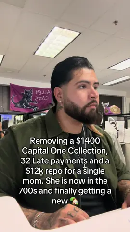 Removing a $1400 Capital One Collection, 32 Late payments and a $12k repo for a single mom. She is now in the 700s and finally getting a new 🏡 #creditscoretips #creditscore #creditrepair #fyp> #creditrepairservices     