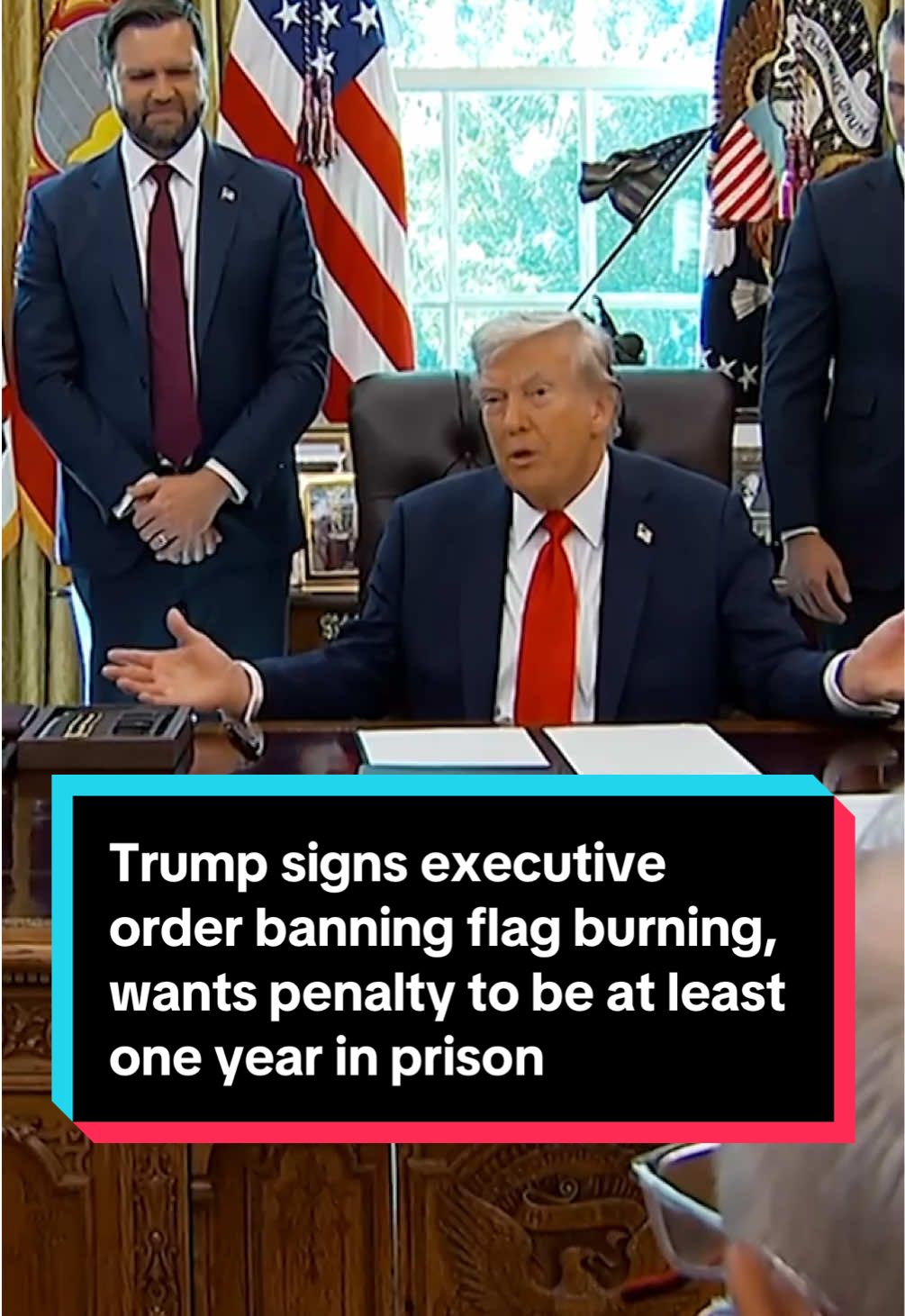 “If you burn a flag, you get one year in jail, no early exits,” President Trump said Monday as he signed an executive order banning flag burning. The order argues the act “may incite violence and riot,” despite the Supreme Court’s 1989 ruling that flag burning is protected under the First Amendment. #america #americanflag #flag #trump #usa 