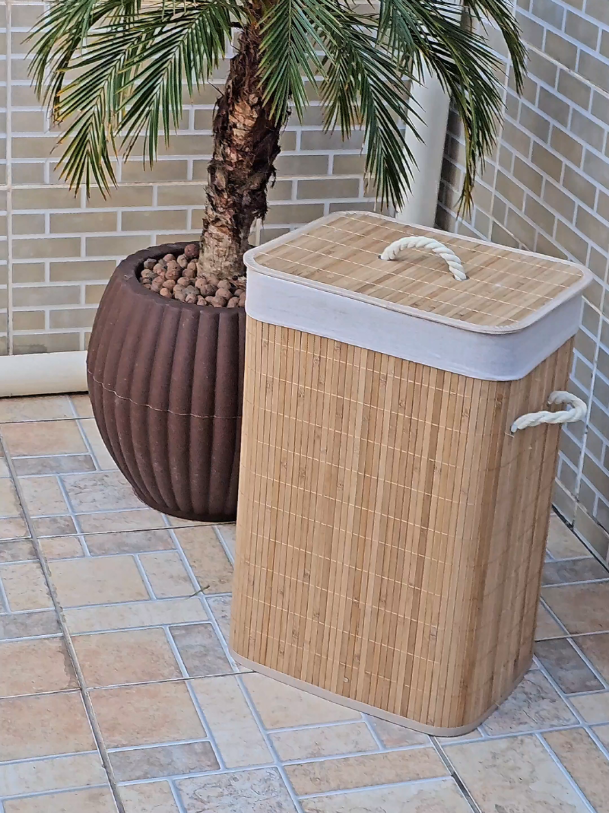 Cesto De Roupa Suja Bambu 72 Litros Lavanderia Com Tampa e Alças Forrado
