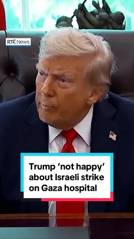 US President Donald Trump has said he is not happy about an Israeli strike on Nasser Hospital in Gaza that killed 20 people, including five journalists. Gaza’s Civil Defence spokesman Mahmud Bassal said that an Israeli explosive drone targeted a building at the hospital, followed by an airstrike as the wounded were being evacuated. The Israeli military confirmed that it carried out a strike in the area and “regrets any harm to uninvolved individuals”. Link in bio to read more 📲 #rtenews #gaza #donaldtrump
