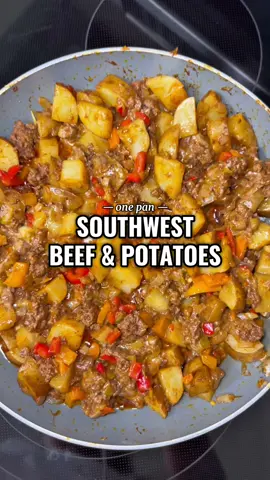 southwest beef & potatoes 🥔     🫑 ingredients:  2 tablespoons olive oil 4-5 potatoes  1 pound ground beef 1 small onion, diced 1-2 bell peppers 7 oz can green chilies  1 teaspoon cumin 2 & 1/2 teaspoons chili powder  1/2 teaspoon smoked paprika  1 cup shredded mozzarella  salt & pepper    #beefrecipe #potatoes #onepanmeal #meatandpotatoes 