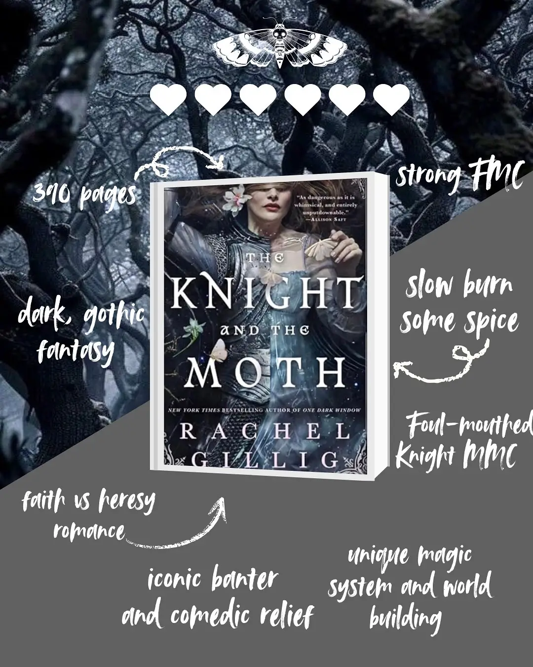 6/5⭐️ It’s been a while since I finished a book and had to return myself to the void to think.  This book is truly my perfect style of romance fantasy. The Dark Souls vibes were met. Eerie cathedrals and dreamscapes. A heretic knight as the love interest. An ACTUALLY strong FMC that has been shrouded by faith, literally 💀 With everything the characters went through, the character development along the way, the spice felt totally earned and unyielding.  Lots of good character banter and moments outwardly giggling. A disheartening twisting build up at the end and actually- I got beef with you Rachel Gillig 😭😭😭 why did it end like that 😩 ON ALL THAT WHY  also shoutout to the bestest boy in the book BARTHOLOMEW 💕😭🫶🏼 #darkfantasy #fantasyromancebooks #bookreview #fantasybooks #theknightandthemoth 