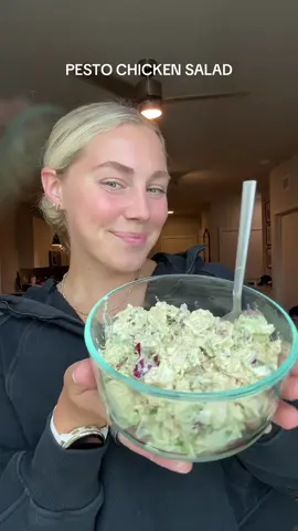 PESTO CHICKEN SALAD . Ingredients  * 1/4 c celery  * 1/4 onion chopped  * 1/4 c green onion  * 1/4 c pistachios  * 1 can chicken  * 1/2 c Greek yogurt  * 2 tbsp light mayo  * 1 tbsp pesto  MACROS (3-4 servings)  180 kcal 20 g protein 5 g carbs 8.5 g fat