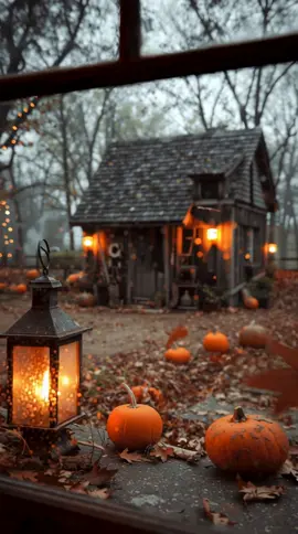 Through the frosted window, autumn whispers its magic, pumpkins scattered on fallen leaves, lantern light flickering softly, and a cozy cabin glowing in the distance. 🍂✨ A perfect slice of Halloween charm. 🎃🕯️