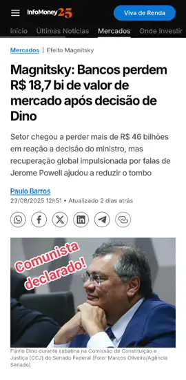23/08/2025 • Magnitsky: Bancos perdem R$ 18,7 bi de valor de mercado após decisão de Dino | InfoMoney https://share.google/Q0tvHbQBKGADdL9mj  #brasil   #br   #EUA  #viral   #parlamentares 