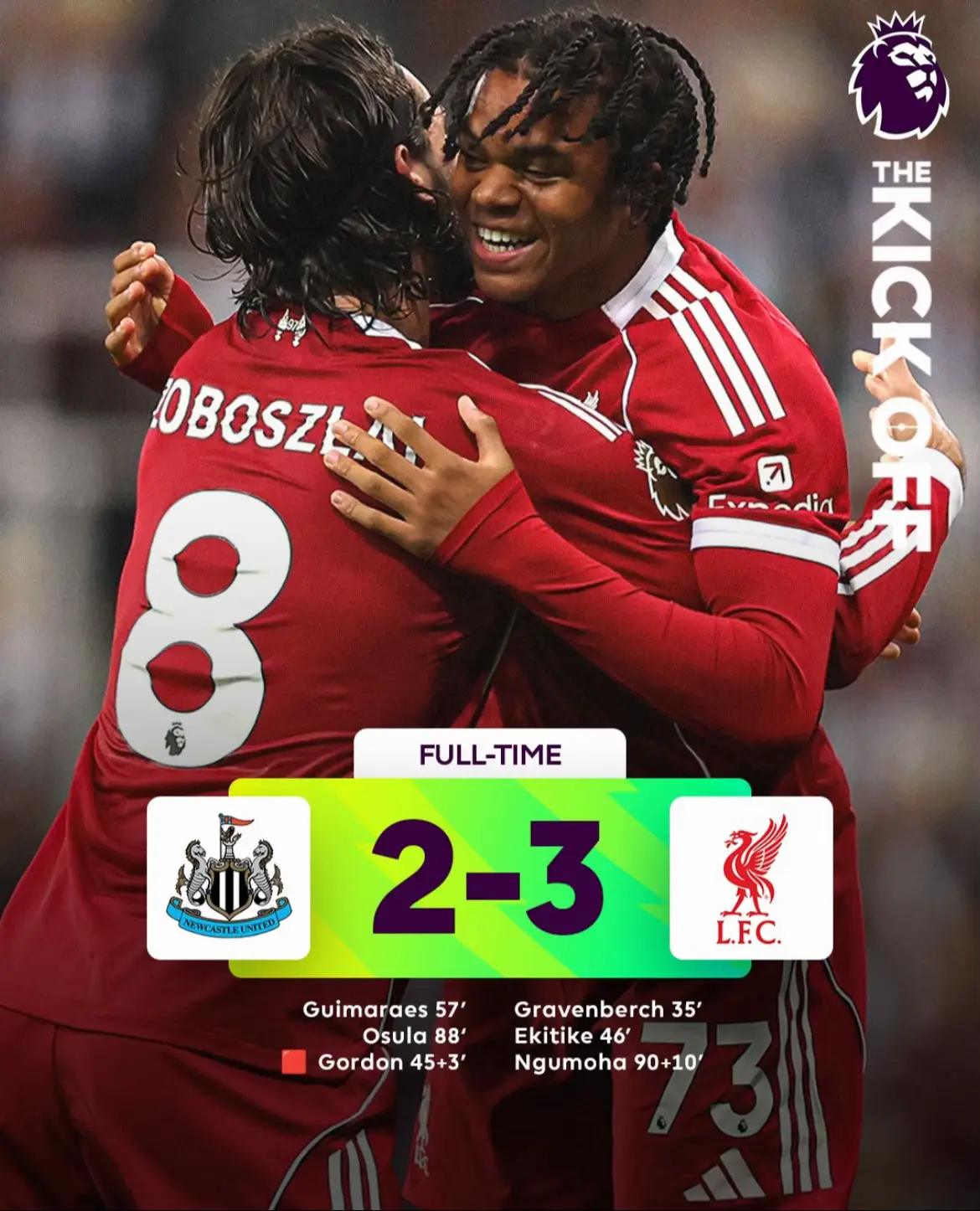 Fulltime in the Premier League tonight: Newcastle United 2-3 Liverpool Liverpool claim all 3 points after a late goal from 16 year old Rio Ngumoha who slotted the ball passed Nick Pope with 10/10 composure. This was after the mags had fought back from 2-0 down with Anthony Gordon sent off late in the first half for a terrible challenge on Liverpool captain VVD. #fyp #PremierLeague #newcastle #liverpool #rio 