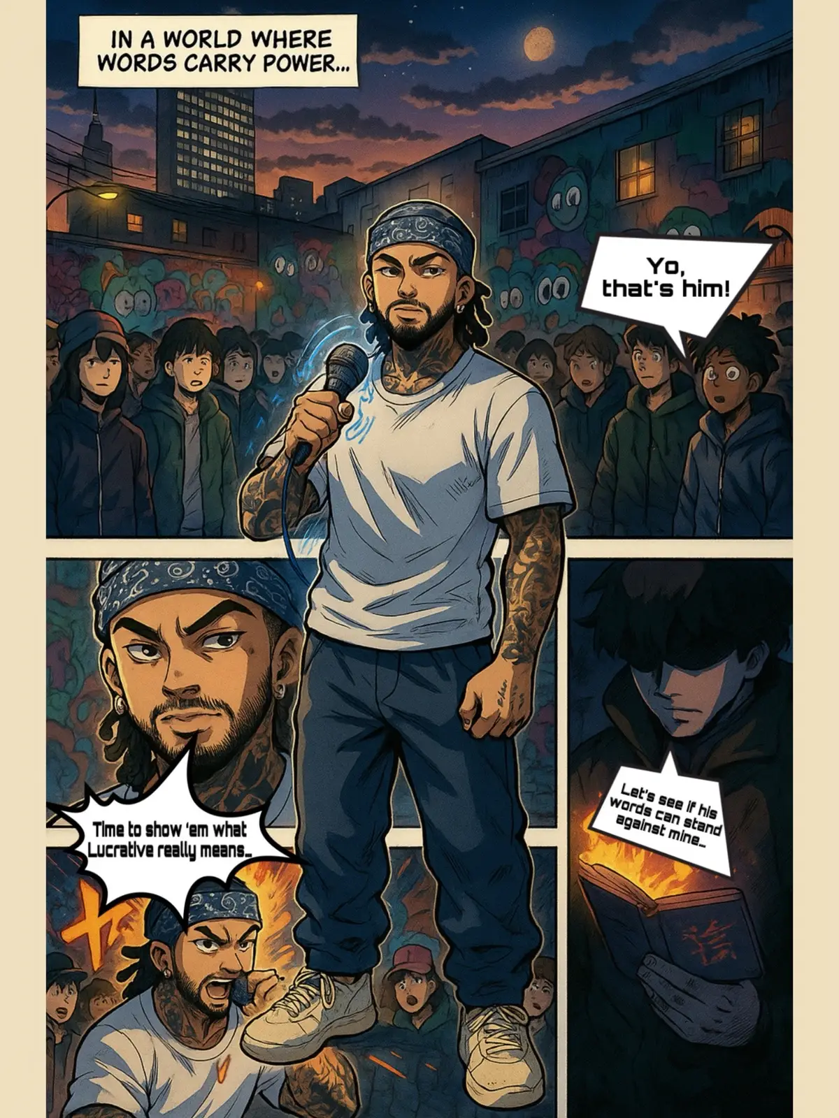In the heart of the city, under flickering neon and graffiti walls, a lone rapper steps into an alley cypher where words carry power. With every bar, his voice erupts in golden soundwaves, shaking the streets and igniting the crowd — until a shadowed rival emerges: the Ghostwriter, wielding cursed verses bound in chains. Their clash splits the night, sound against silence, truth against corruption, as the alley becomes a battlefield of light and dark. When the Ghostwriter turns his wrath on the crowd, gagging them in silence, the rapper’s fury explodes — molten tattoos and raw emotion unleashing a tidal wave that shatters the chains and proves his words protect the people, not just himself. But the Ghostwriter summons a monstrous demon of cursed lyrics, towering and relentless. With the voices of the people behind him, the rapper delivers his final bar, obliterating the demon in a blaze of sound and standing victorious. Yet victory is only the prologue — for in the shadows, another rival steps forward: the Industry Plant, polished and poisonous, glowing in digital green, waiting to strike in the next verse of war. #MANGA #BOOK1 #COMIC 