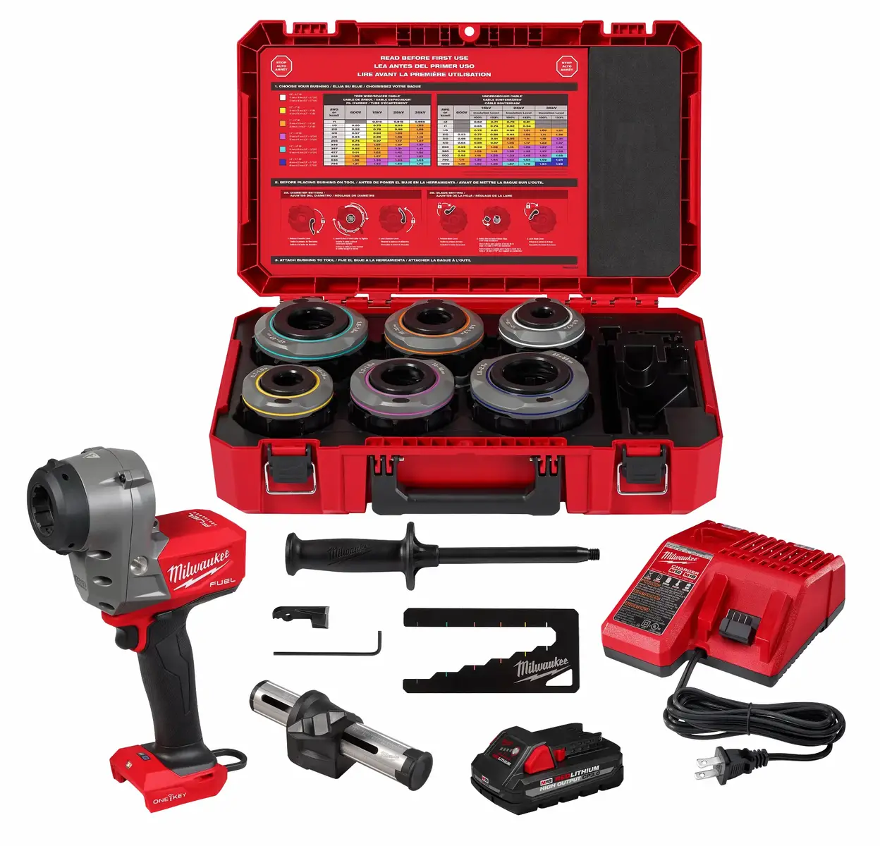 New @Milwaukee Tool M18 FUEL™ COVERED CONDUCTOR CABLE STRIPPER WITH ADJUSTABLE BUSHINGS KIT PRICE: $3,499.99USD LAUNCH DATE: SEPTEMBER 2025 The M18 FUEL™ Covered Conductor Cable Stripper with Adjustable Bushings is the industry’s first cordless tool optimized for end-stripping insulation on aerial, 600V secondary, and medium-voltage cables, offering an unmatched cable stripping experience. Designed for ultimate versatility, the six adjustable bushings accommodate cable diameters from 0.5” to 2.1”, eliminating the need for excess accessories while ensuring a clean, precise strip every time. Powered by M18M FUEL, this cordless stripper removes covered conductors at 1” per second, up to 4X faster than manual tools, boosting efficiency and productivity. With no exposed blades, this solution significantly reduces the risk of cuts and lacerations, providing a safer way to strip the covered conductor. AUTOSTOP™ kickback control prevents over-rotation in a bind-up, while user-controlled speed and optimized max RPMs provide precise control during operation. Equipped with an adjustable 6” depth gauge for precise strip lengths, the tool eliminates over-or under-stripping and can be removed for extended-length applications as needed. Delivering optimized ergonomics, the tool’s pistol-grip design ensures easy maneuverability in tight spaces. POWERSTATE™ Brushless Motor delivers more power to handle tough materials in any environment. REDLINK PLUST™ Intelligence ensures peak performance while protecting against overload, and ONE-KEY™ delivers easy tracking and tool management. #milwaukeetool #nothingbutheavyduty #milwaukeetooladdict 