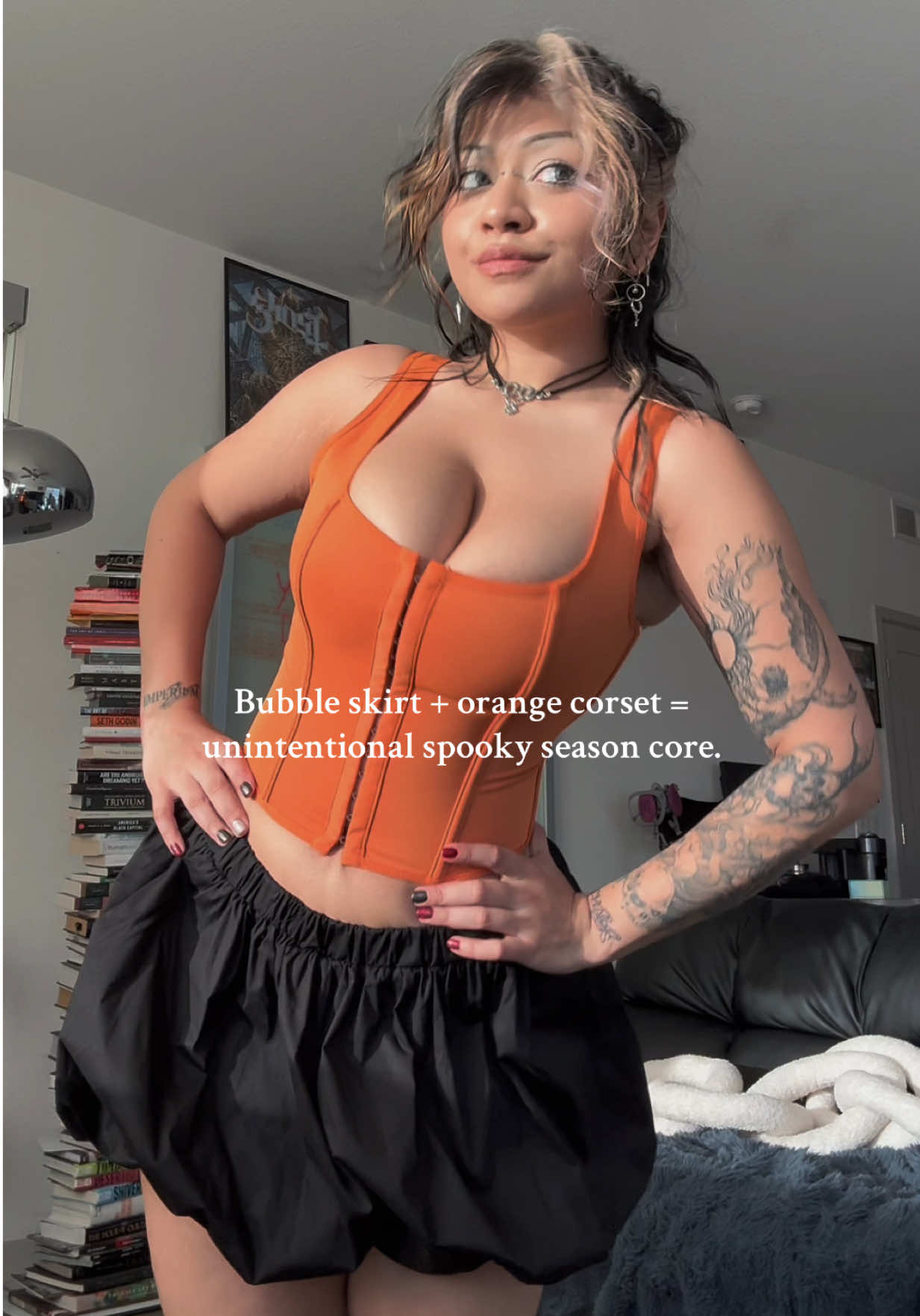 I love how comfortable this corset shirt is and still able to keep the girls together 🤧. It’s also really stretchy  . . . . #corsettop #fallfashion #tiktokshopcreatorpicks #outfitinspo #altfashion 