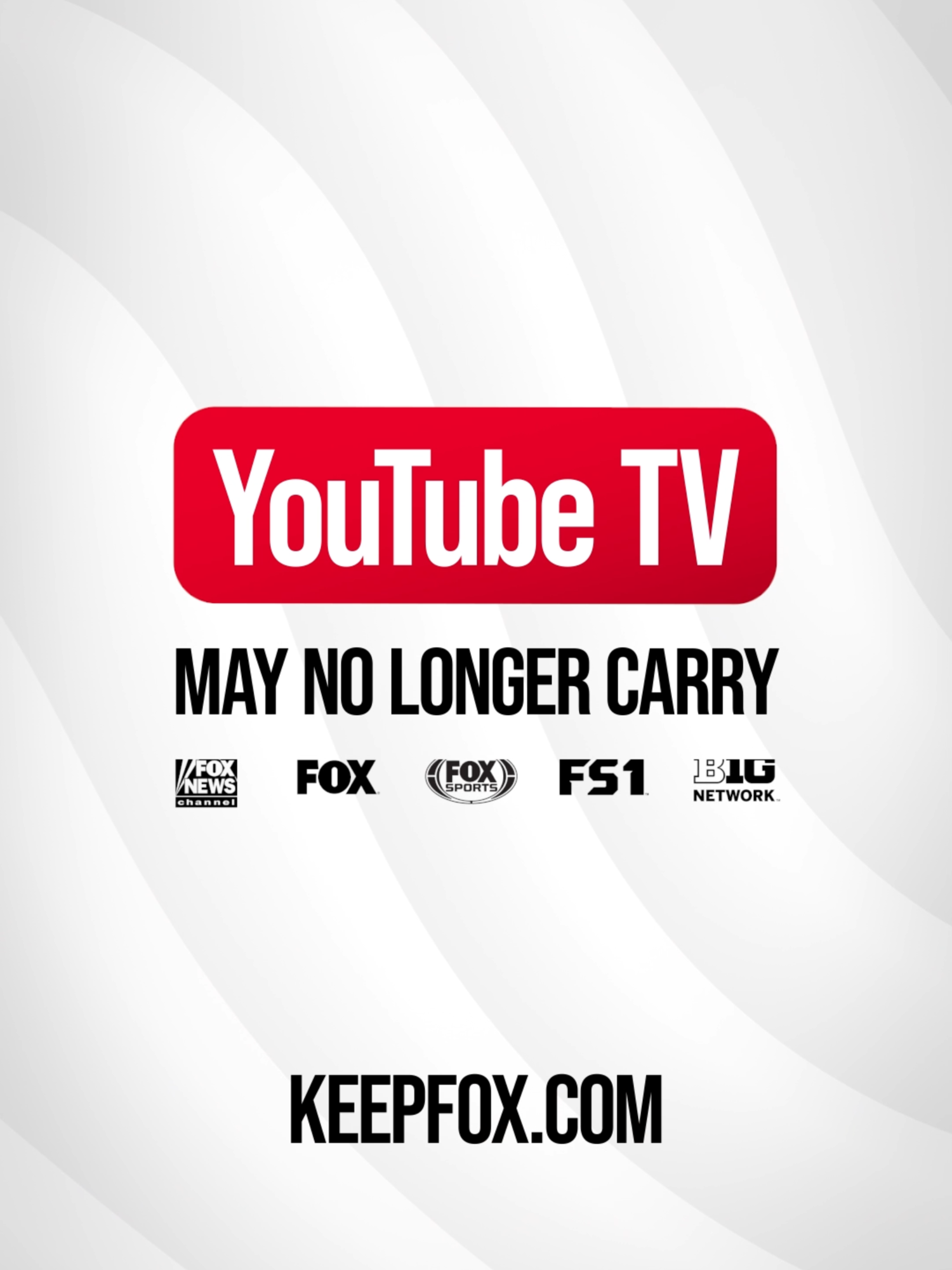 Football season and fall premieres are coming, and YouTube TV may no longer carry FOX. YouTube TV customers could miss NFL, College Football, MLB on FOX and more. That means no games and no FOX Primetime shows. Say NO to losing FOX on YouTube TV, visit KEEPFOX.com. #KEEPFOX