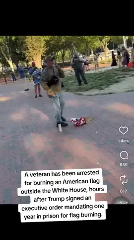 #A veteran has been arrested for burning an American flag outside the White House, hours after Trump signed an executive order mandating one year in prison for flag burning.#American#flag#_#_