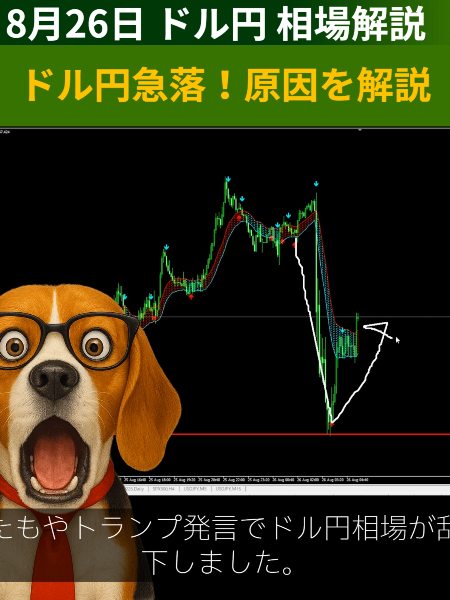 【FX為替相場予測＆解説】8/26 ドル円 ドル円急落！原因を解説 またもやトランプ発言でドル円相場が乱高下しました。 先日、ジャクソンホール会合でのパウエル議長の講演を受けて急落した後、緩やかに回復していたドル円ですが、ここで再び急落です。 要因は、トランプ米大統領が連邦準備制度理事会のクック理事を解任するとし、その理由を「住宅ローンに関連して虚偽申告をした」とする書簡をSNS上で公表したことでした。 この突発的なニュースにより市場は一気にリスクオフとなり、ドル円も急落しました。 現在は、急落後にネックラインで下げ止まったような形を見せています。 しかし、今後の予測は簡単ではありません。 テクニカル的には一時的な下げ止まりが見えるものの、今回の発言が相場関係者にどの程度影響を与えるかで方向性は大きく変わります。 したがって、今はテクニカルよりもファンダメンタル要因の把握に重点を置くべき局面といえるでしょう。 ■私の💹投資戦略については📓プロフへ #最新 #速報 #予測 #ニュース #ドル円 #FX初心者 #為替相場 #トランプ発言 #FRB #ファンダメンタル分析 #ネックライン #相場解説
