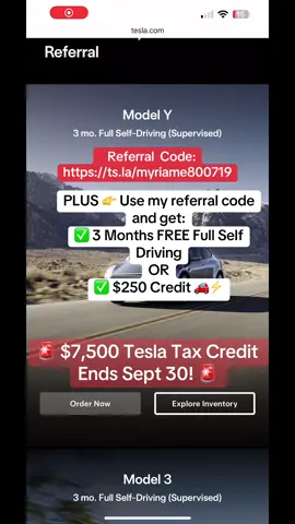 PLUS 👉 Use my referral code:                  https://ts.la/myriame800719                         $7,500 tax credit + my Tesla referral = 🚘💨 free FSD or $250 credit 🔥 Ends Sept 30! #Tesla #TeslaReferral #TeslaModel3 #teslamodely2026 #ev 