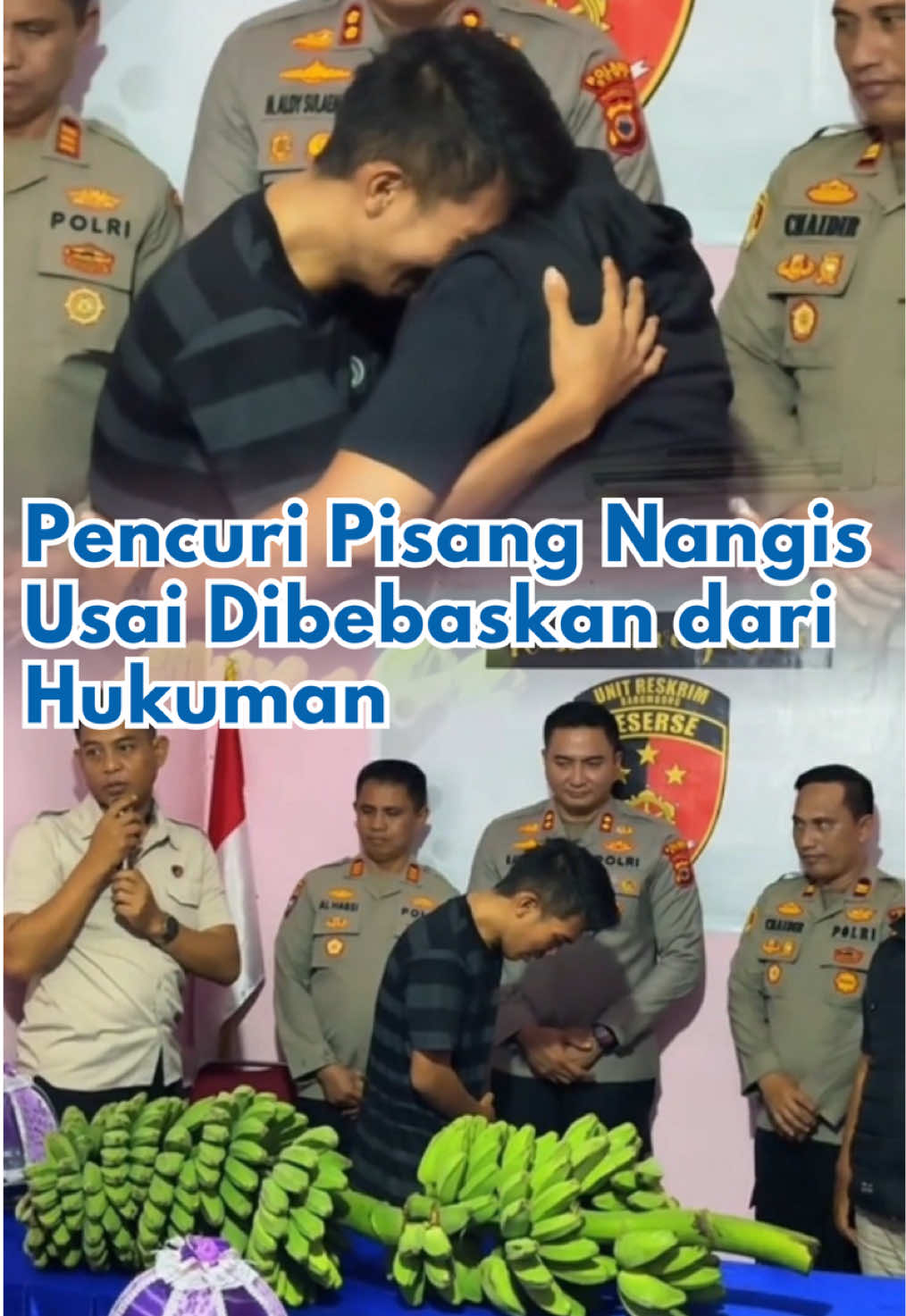 Tangis haru mewarnai ruang Polsek Barombong, Kabupaten Gowa, Sulawesi Selatan, Selasa (19/8/2025). Erlangga Bin Hamka, buruh harian lepas, dibebaskan usai menjalani restorative justice setelah ditangkap karena mencuri empat tandan pisang. Kasus terjadi pada Minggu, 17 Agustus 2025, di Desa Kanjilo, Kecamatan Barombong.  Erlangga nekat mencuri karena terhimpit kebutuhan ekonomi dan sempat menjual dua tandan pisang seharga Rp150 ribu.#fypシ゚ 