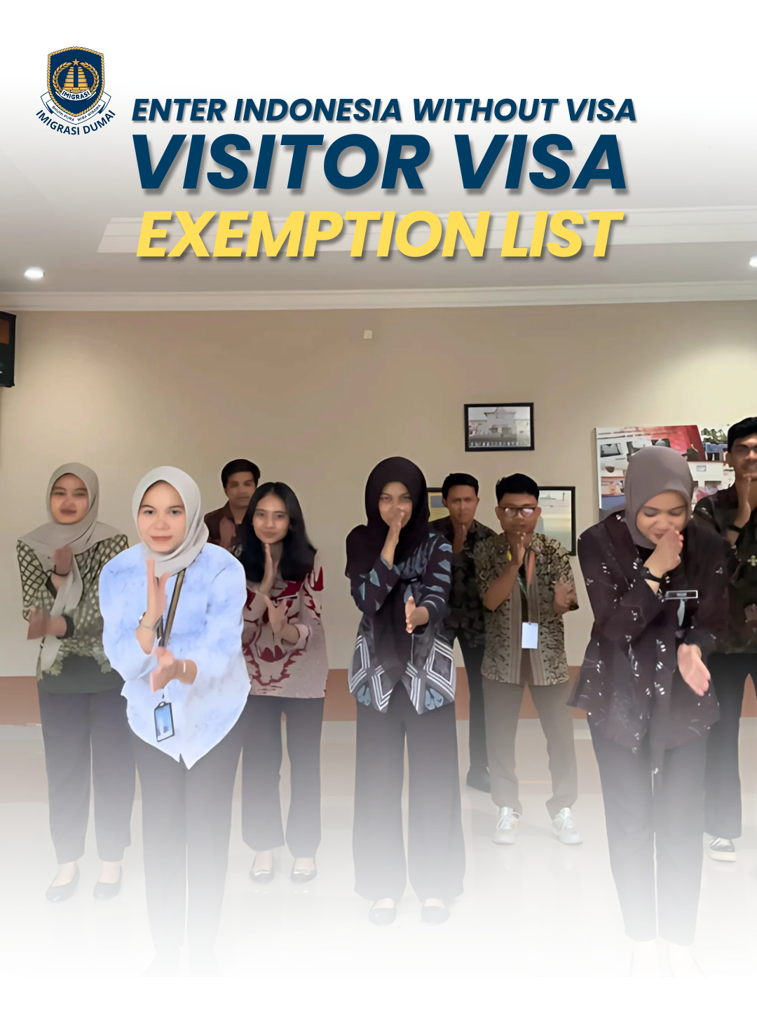 Visa Exemption Entry Update! Citizens from selected countries are now granted visa entry into Indonesia. You may stay up to 30 days, but this permit cannot be extended or converted into another type of stay permit. Here's an update on visa exemption : - Brunei Darussalam - Malaysia - Thailand - Vietnam - Philippines - Cambodia - Singapore - Myanmar - Laos - Timor Leste - Suriname - Colombia - Hongkong - Republic of Turkiye - Federative Republic of Brazil - Peru - Holders of a Specific Residence Permit from Singapore visa exemption could be used for: - tourism visit - government business visit - business meeting visit - goods purchasing visit - meeting visit - transit Explore More Visa Info at evisa.imigrasi.go.id  #imigrasi #paspor #dumai #visa