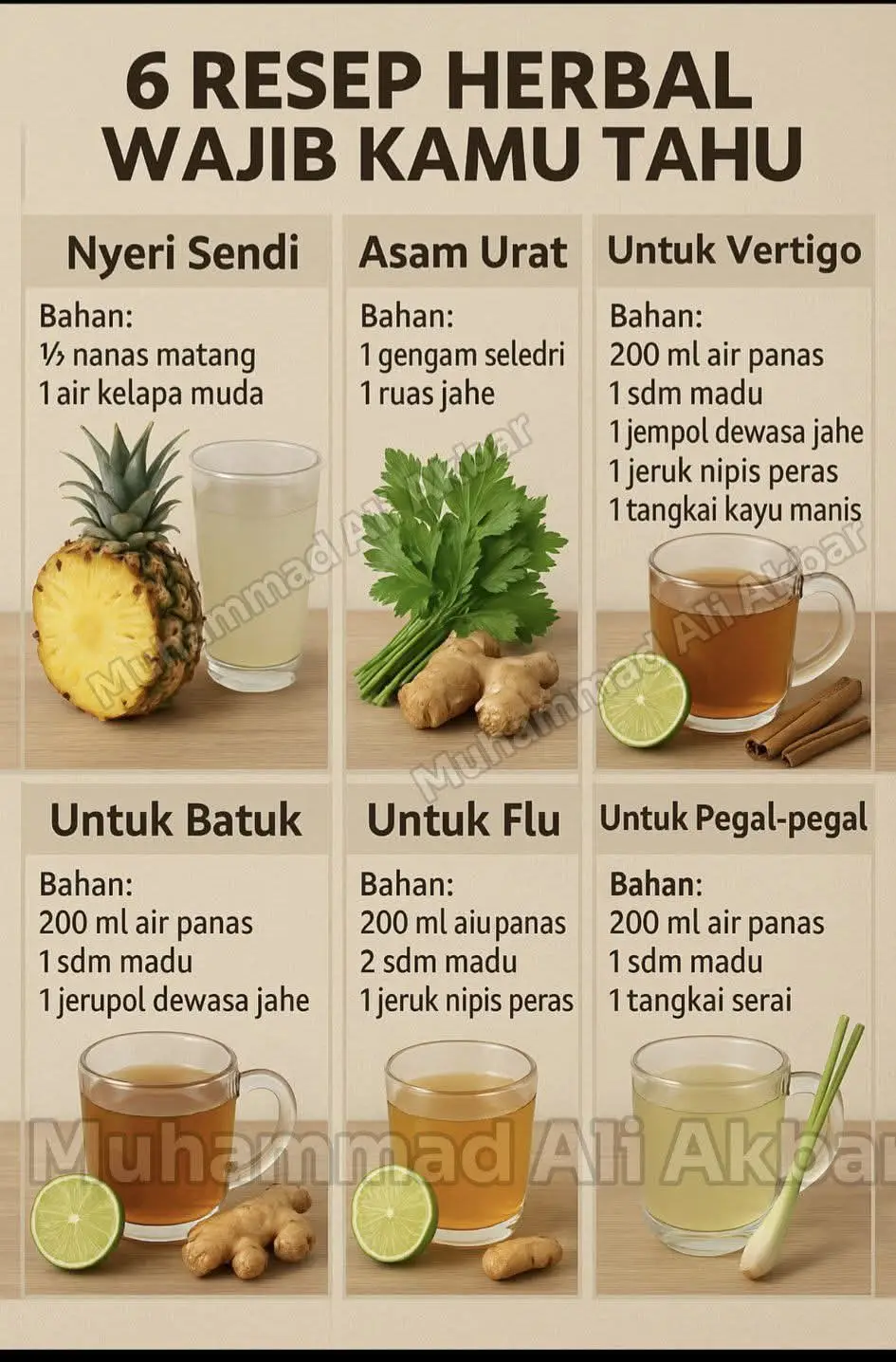 🌿 6 Resep Herbal Wajib Kamu Tau 1. Nyeri Sendi Resep: ½ buah nanas matang 🍍 1 gelas air kelapa muda 🥥 👉 Blender nanas, campur dengan air kelapa muda. Minum 1x sehari. Manfaat: Mengurangi peradangan pada sendi. Nanas mengandung bromelain yang bantu redakan nyeri. Air kelapa bantu hidrasi & menjaga keseimbangan elektrolit. --- 2. Asam Urat Resep: 1 genggam daun seledri segar 🌱 1 ruas jahe segar 🌿 👉 Rebus seledri & jahe dengan 400 ml air, sisakan 1 gelas. Minum hangat. Manfaat: Seledri bantu turunkan kadar asam urat. Jahe bersifat antiinflamasi, redakan nyeri & bengkak. Melancarkan peredaran darah. --- 3. Vertigo Resep: 200 ml air panas 1 sdm madu murni 🍯 1 ruas jahe (geprek) 🌿 1 jeruk nipis peras 🍋 1 batang kecil kayu manis 🌸 👉 Seduh jahe & kayu manis, campur madu + perasan jeruk nipis. Manfaat: Meningkatkan aliran darah ke otak. Jahe dan kayu manis bantu atasi pusing & mual. Jeruk nipis kaya vitamin C untuk imunitas. --- 4. Batuk Resep: 200 ml air panas 1 sdm madu 🍯 1 ruas jahe (geprek) 🌿 1 jeruk nipis peras 🍋 👉 Seduh jahe dengan air panas, tambahkan madu + jeruk nipis. Manfaat: Madu & jahe bersifat antibakteri, menenangkan tenggorokan. Jeruk nipis bantu encerkan dahak. Meredakan batuk berdahak maupun kering. --- 5. Flu Resep: 200 ml air panas 2 sdm madu 🍯 1 jeruk nipis peras 🍋 👉 Campurkan madu & jeruk nipis ke dalam air hangat. Manfaat: Tingkatkan daya tahan tubuh. Vitamin C jeruk nipis lawan infeksi. Madu bantu meredakan sakit tenggorokan & batuk ringan. --- 6. Pegal-pegal Resep: 200 ml air panas 1 sdm madu 🍯 1 batang serai (geprek) 🌿 👉 Rebus serai, lalu tambahkan madu sebelum diminum. Manfaat: Menghangatkan tubuh & relaksasi otot. Serai membantu melancarkan sirkulasi darah. Mengurangi kelelahan & stress tubuh. #Fyp  #trending 