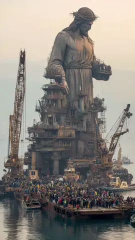 FIRST LOOK: A colossal floating sculpture of Jesus has been unveiled at sea. Standing over 150 feet tall and anchored on a converted offshore platform, the figure towers above cranes and scaffolding as thousands gathered by boat and barge to witness the reveal. Engineers say the installation took years to construct, designed to symbolize Christ watching over the waters and those who pass through them. #ChristOfTheSea #FaithMadeVisible #FloatingMessiah #DivineSpectacle
