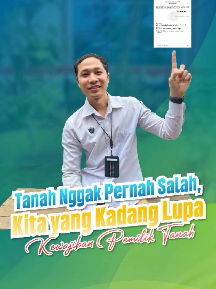 Halo #SobATRBPN, untuk seluruh para pemilik tanah, tanah itu bukan hanya dimiliki tapi perlu dijaga dengan memenuhi kewajiban, yaa Caranya adalah dengan melakukan pendaftaran tanah. Hal ini bukan hanya sekadar persyaratan administrasi, tapi sebagai bentuk perlindungan hukum yang sah. Simak selengkapnya melalui video berikut ya, Sob! #IndonesiaLengkap #ATRBPNKiniLebihBaik #ATRBPNMajudanModern #MelayaniProfesionalTerpercaya