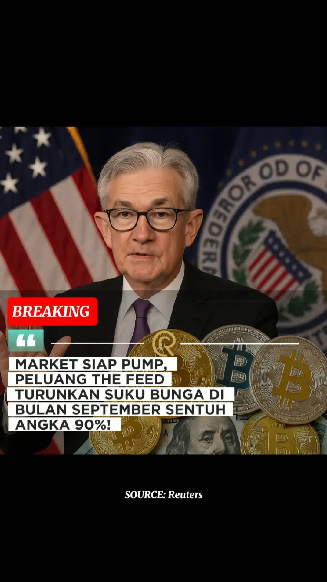 The Fed semakin dekat untuk memotong suku bunga pada September 2025.  Setelah pidato Jerome Powell di Jacksom Hole, peluang pemotongan suku bunga melonjak hingga 90% menurut pasar. Apa artinya? 👉Likuiditas berpotensi meningkat 👉Investor kembali masuk ke aset beresiko 👉Pasar crypto dan saham bisa dapat dorongan bullish Namun, ada catatan penting. Sebagian pejabat The Fed masih khawatir inflasi tetap tinggi. Artinya, meski peluang besar, keputusan bisa penuh perdebatan. 📈Kabar baiknya : pasar saham & crypto bisa reli karena likuiditas meningkat. 📉Kabar buruknya : risiko inflasi bisa kembali naik, dan pasar bisa gonjang-ganjing kalau keputusan tidak sesuai ekspektasi. 👉September bisa jadi awal era baru, tapi tetap penuh risiko.  