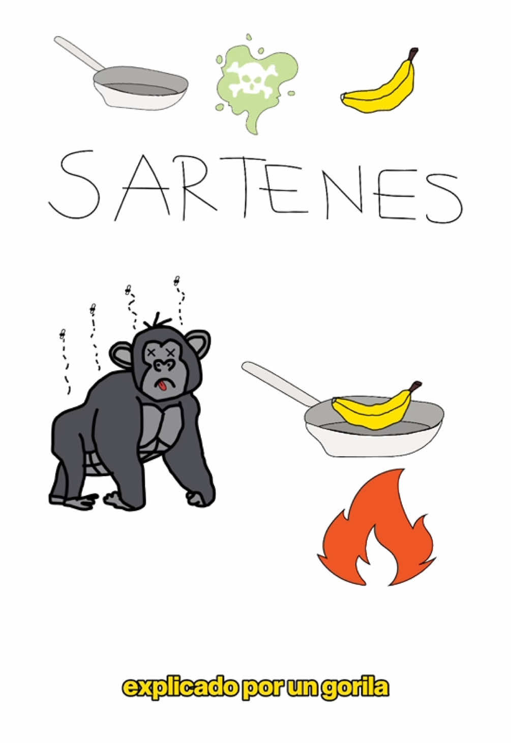 Mejores sartenes para cocinar, explicado por un gorila. Gorila quería cocinar una banana. Pero no sabía qué sartén usar para cocinarla. ¿Qué sartenes usar para cocinar? Sartén de acero inoxidable. No libera compuestos tóxicos, es resistente y seguro para preparar comida. Pueden durar décadas y solo representan un riesgo para las personas alérgicas al níquel. Sartén de acero al carbono curado. No libera compuestos tóxicos, distribuye bien el calor y aporta un poco de hierro dietético. Además, tiene antiadherencia por el curado. Sartén de hierro fundido curado. Tampoco libera compuestos tóxicos, aporta hierro más dietético a los alimentos y puede durar toda la vida. También tiene antiadherencia natural por el curado. Solo representa riesgos para personas con exceso de hierro en el cuerpo. ¿O cuál sartén prefieres tú?