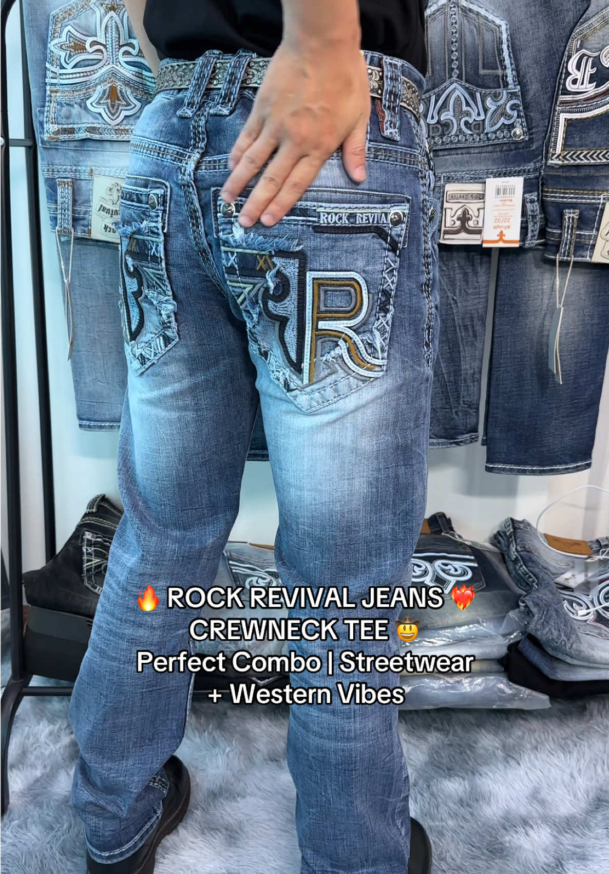 🚚 Free Shipping USA | 💵 Follow & Save $12 on $89+ #rockrevivaljeans #outfitinspo #crewneckstyle #westernstreetwear #denimfashion 