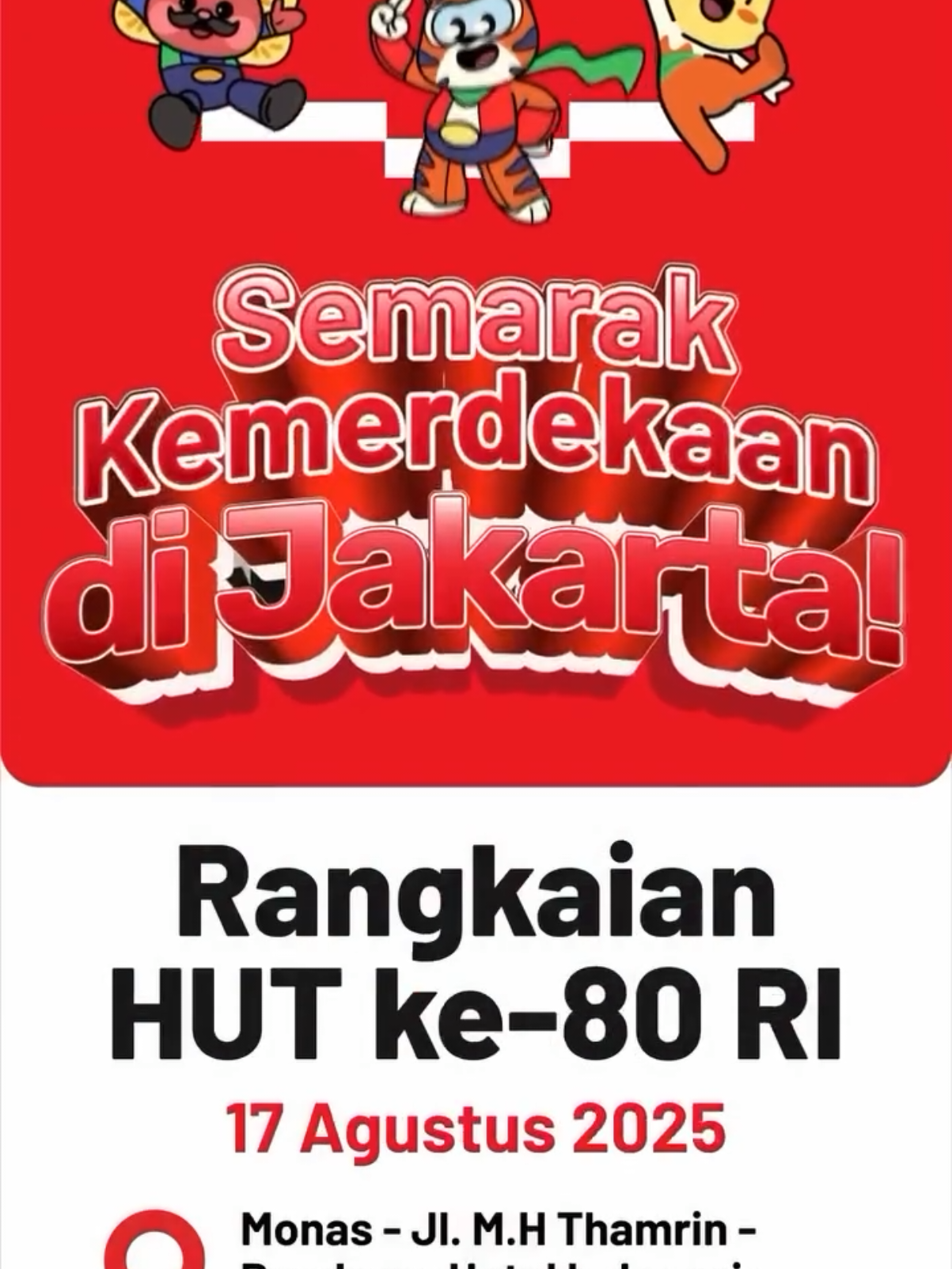 Warga Jakarta, Nyok Kite Kumpul!!! Bareng-bareng kite rayain HUT ke-80 Kemerdekaan RI di Jakarta 🎉✨ Kite seru-seruan bareng tanggal 17 Agustus 2025, di Pesta Rakjat dan karnaval kemerdekaan yang akan digelar di area Monas dan sepanjang jalan Thamrin-Bundaran HI-Sudirman. Beragam acara menarik bisa kite ikutin. Perlombaan khas 17-an di Podjok Djoeang, menyusuri lorong waktu di Podjok Jadoel, hingga mencicipi berbagai makanan di Festival Kuliner. Selain itu ada juga, permainan di Pasar Malam, menikmati Panggung Hiburan yang dimeriahkan oleh artis nasional, hingga menonton pesta kembang api. Jangan lupa, ajak sahabat dan kerabatmu yaa. Rayakan HUT ke-80 Kemerdekaan RI dengan penuh kebersamaan, kegembiraan, dan optimisme menuju Indonesia yang lebih baik ke depan. #dkijakarta #jagajakarta #HUT80RI #PestaRakjat #KarnavalKemerdekaan 