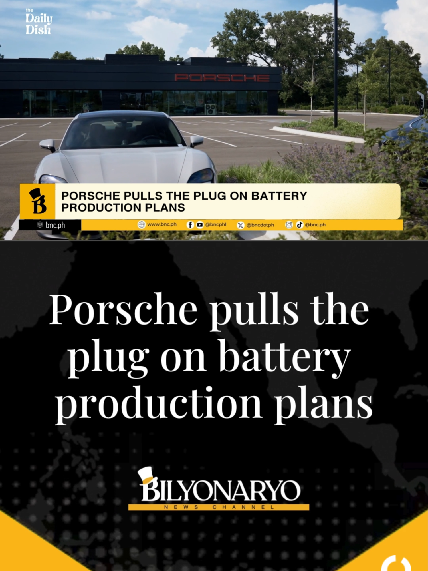 #TheDailyDish | Porsche just hit the brakes on battery production. The luxury carmaker says its Cellforce division will abandon plans for large-scale manufacturing, citing low demand and no clear path to profit. #Porsche #batteryproduction  #luxurycar #carmaker #fyp #foryoupage #tiktokph #tiktokphilippines #news #phnews #bnc #bilyonaryonewschannel #bilyonaryo