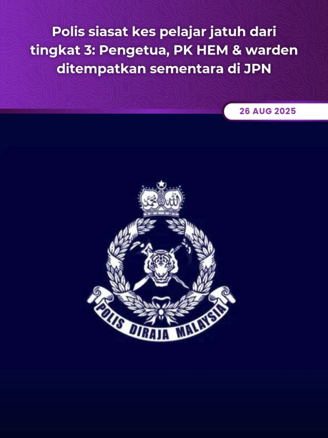 Polis sedang menyiasat insiden pelajar Tingkatan 3 terjatuh dari tingkat tiga asrama di Sabak Bernam dengan mengambil keterangan beberapa saksi. Siasatan turut melibatkan aspek keselamatan, pengurusan asrama dan latar belakang pelajar. Sementara itu, KPM menempatkan pengetua, penolong kanan dan semua warden sekolah terbabit di JPN Selangor sehingga siasatan selesai. #AstroAudioNews 