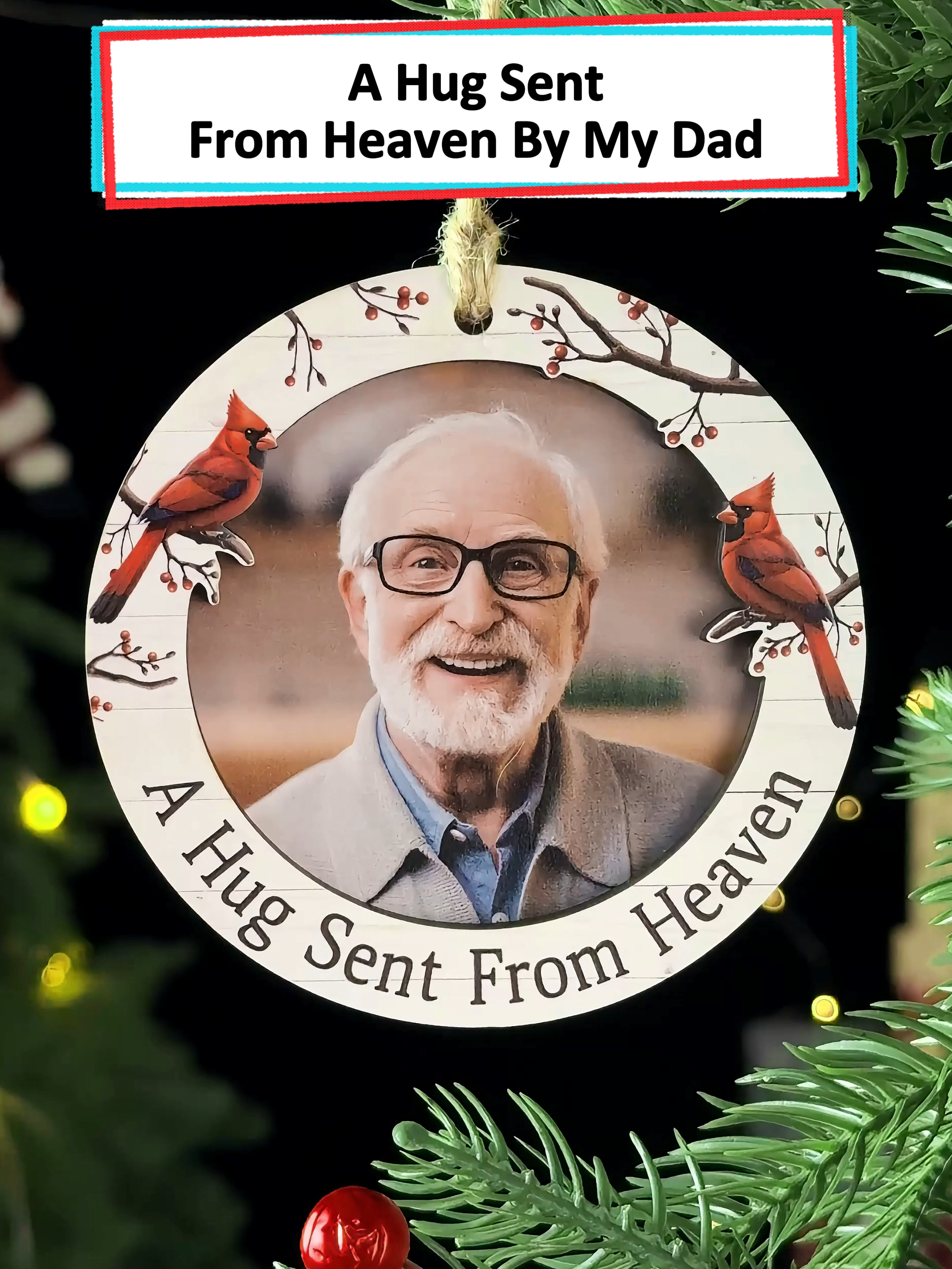 This wooden Ornament holds my dad’s photo 🕊️💔 it feels like a hug from heaven every Christmas #wanderprints #personalized #gifts #memorialgift #christmasornament