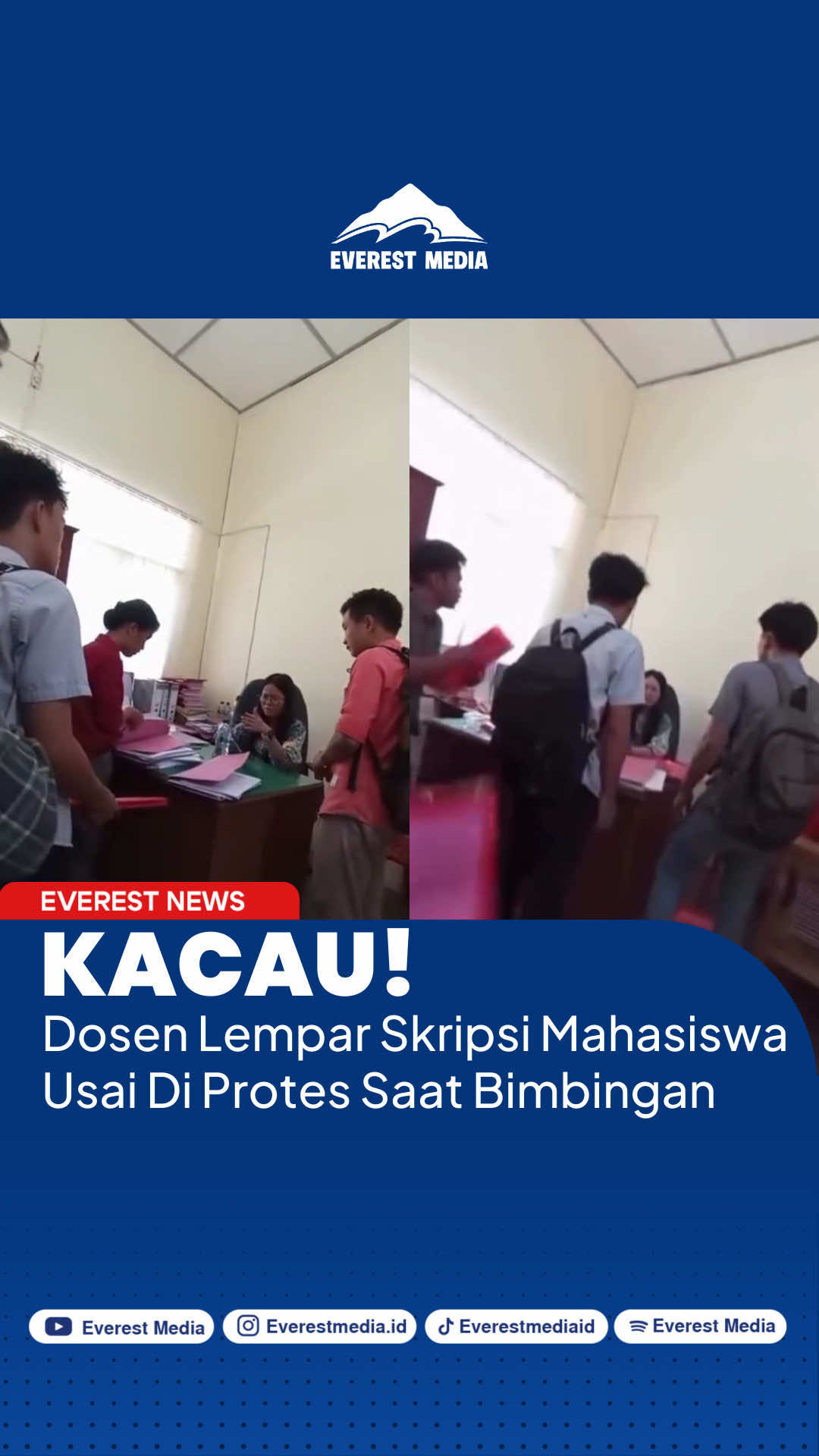 Sejumlah mahasiswa Universitas Nias (Unias), Sumatera Utara, mengaku harus menunggu hingga seminggu hanya untuk meminta tanda tangan skripsi dari seorang dosen perempuan. Namun saat pertemuan, dosen tersebut diduga bertindak kasar dengan membanting skripsi mahasiswa ke lantai. Tindakan ini memicu kemarahan mahasiswa hingga terjadi kericuhan, bahkan salah satu mahasiswa menendang meja dosen. Video insiden ini viral di media sosial, memicu kecaman luas dari netizen yang menilai sikap sang dosen arogan dan tidak profesional. Hingga kini, pihak Universitas Nias Gunung Sitoli belum memberikan keterangan resmi, sementara publik mendesak adanya penyelidikan dan akuntabilitas dari pihak kampus. Bagaimana tanggapan EverestFam atas tindakan dosen tersebut? #everestmediaid #beritatiktok #beritaviral #dosen #skripsi 