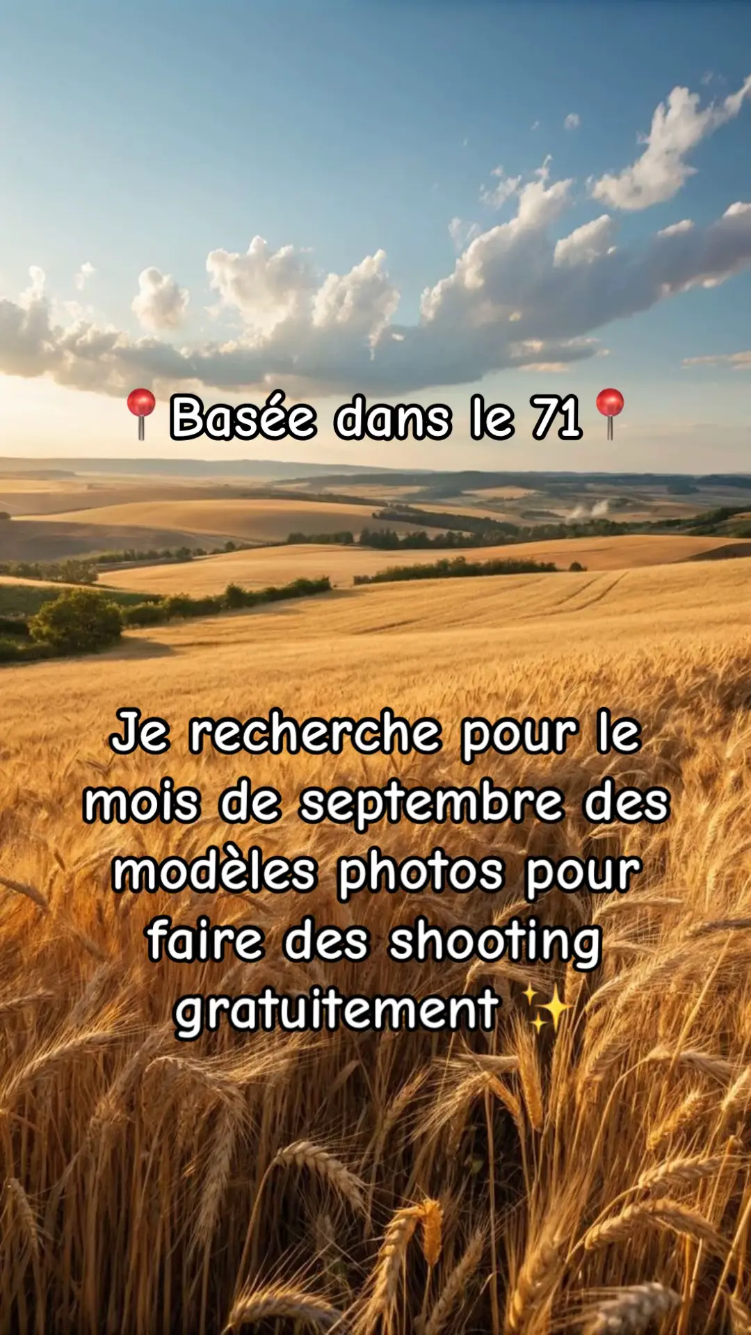 Passionnée par la photo depuis toujours je souhaite aujourd’hui me lancer, alors pour m’aider je suis à la recherche de modèles pour réaliser le shooting que vous souhaitez. Bien évidemment les shootings sont gratuits dans les alentours de Chalon, Autun, Dijon, Beaune.  N’hésitez pas à me contacter si cela vous intéresse !✨