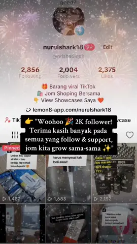 “Alhamdulillah dah sampai 2000 follower 😍 Terima kasih semua yang support 💕” #2000Followers #ThankYou #Milestone #TerimaKasih #Syukur