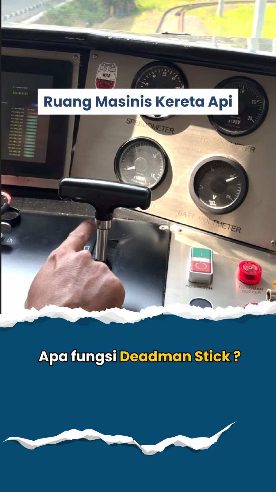 Pernah dengar Deadman Stick? Di ruang masinis, tuas ini wajib terus ditekan. Kalau terlepas, kereta otomatis ngerem darurat! #FunFactKereta #DeadmanStick #keretaapi #masinis #keselamatan 