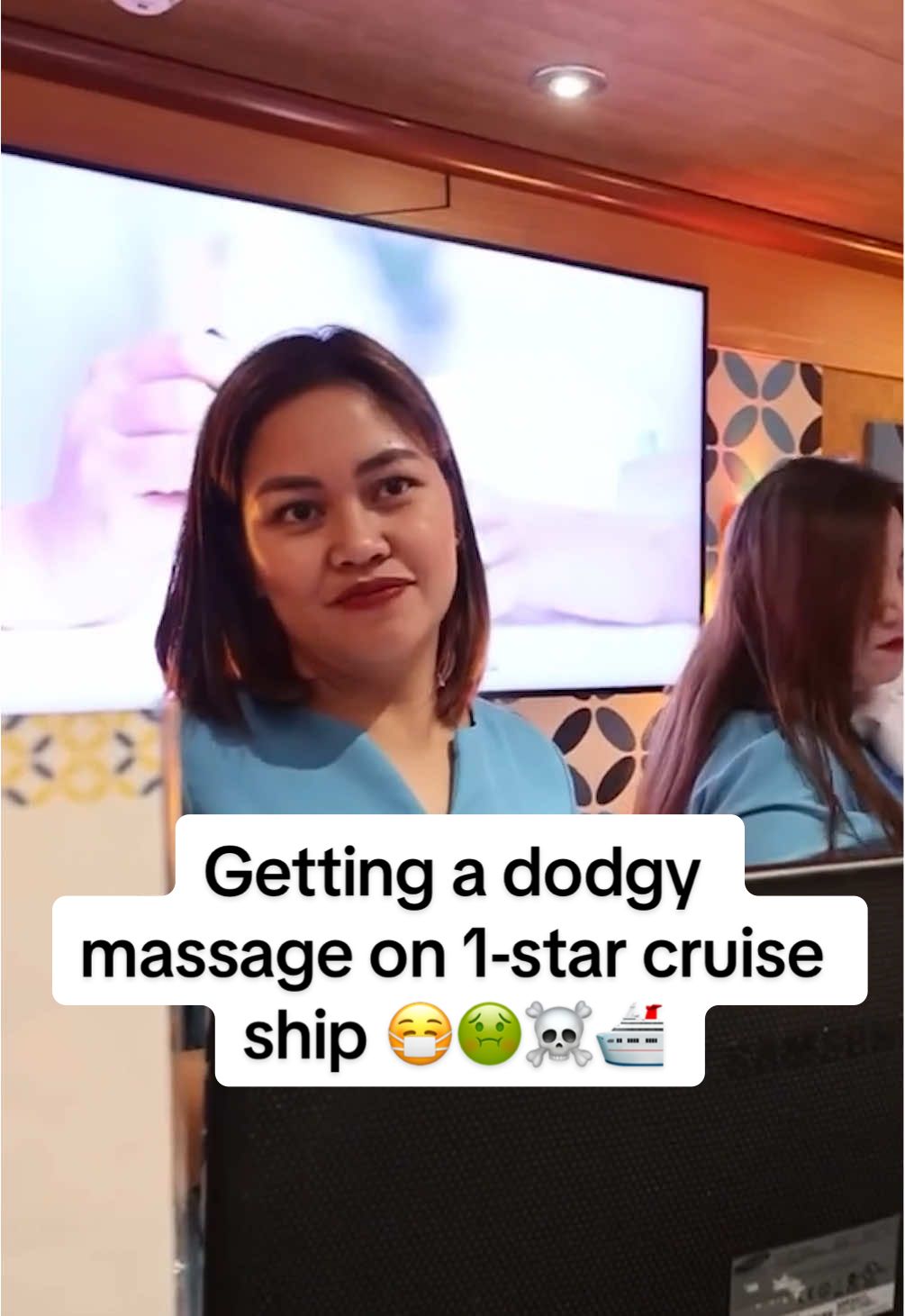 Getting a dodgy massage on world’s worst 1-star cruise ship 🤢☠️😷🛳️ #traveltiktok #simonwilson #travel #solotravel #cruise 