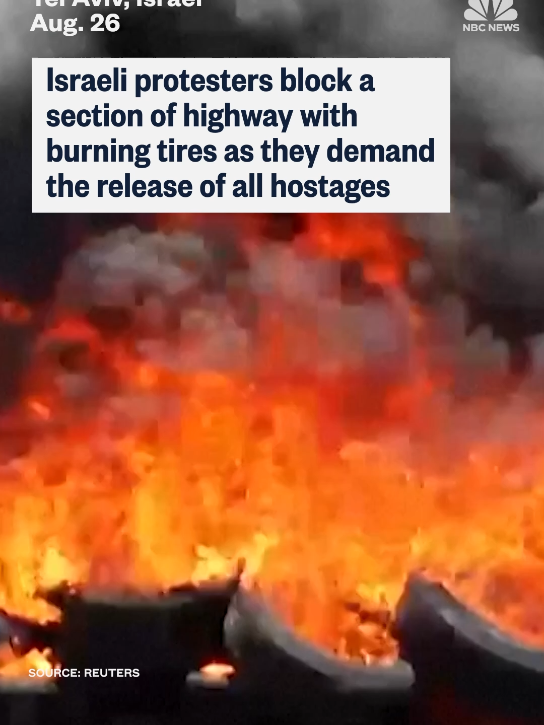 Israeli protesters blocked a section of highway with burning tires as they demanded an end to the war in #Gaza and the release of all hostages.