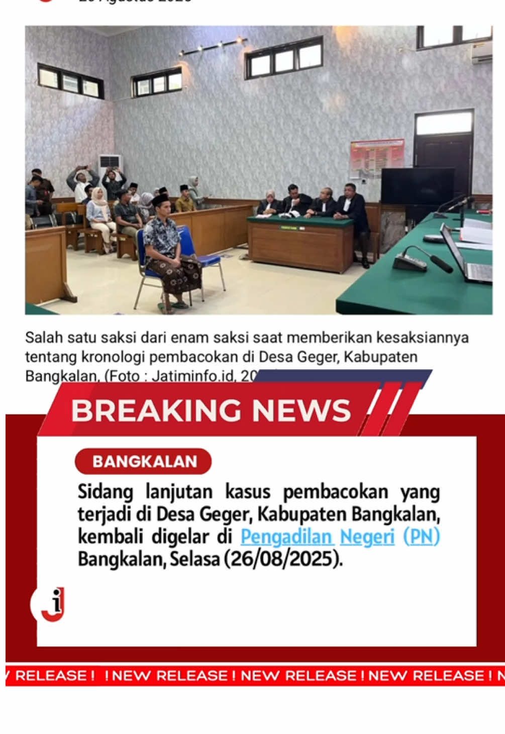 Hadirkan Enam Saksi, Kasus Pembacokan di Desa Geger Masuki Sidang Pembuktian Bangkalan – Sidang lanjutan kasus pembacokan yang terjadi di Desa Geger, Kabupaten Bangkalan, kembali digelar di Pengadilan Negeri (PN) Bangkalan, Selasa (26/08/2025). Agenda persidangan kali ini memasuki tahap sidang pembuktian dengan menghadirkan enam orang saksi yang telah tercatat dalam berkas perkara. Enam saksi yang dihadirkan masing-masing adalah Kepala Desa Geger Budiman, Midi, Mahfud, Triumlah, Anisa, dan Dziki Maulana. Mereka dipanggil untuk memberikan kesaksian terkait peristiwa pembacokan yang menjerat terdakwa Muhammad Ainul Huda. Dalam persidangan, para saksi pada prinsipnya membenarkan seluruh pernyataan yang sebelumnya telah dituangkan dalam Berita Acara Pemeriksaan (BAP). Mereka juga menegaskan bahwa keterangan tersebut diberikan tanpa adanya paksaan ataupun tekanan dari pihak manapun. “Pada intinya, semua saksi konsisten dengan BAP yang sudah mereka tanda tangani. Fakta-fakta yang terungkap di persidangan inilah yang nantinya akan kami jadikan dasar dalam menyusun surat tuntutan terhadap terdakwa,” jelas Hendrik Jaksa Penuntut Umum (JPU) usai sidang. Kasus pembacokan di Desa Geger ini sebelumnya menyita perhatian publik, mengingat perkaranya juga menyeret nama Kepala Desa Geger, Budiman, yang sempat diperiksa aparat kepolisian meski kemudian status hukumnya sebagai tersangka. “Sidang kali ini ditunda dan akan kembali dilanjutkan pada pekan depan dengan agenda lanjutan sesuai jadwal yang telah ditetapkan majelis hakim,” tutupnya. Publik pun menantikan kelanjutan kasus ini, khususnya status tersangka yang melekat pada Budiman selaku Kepala Desa Geger, namun belum juga ada penahanan oleh pihak kepolisian. #jatiminfo_id #desageger #bangkalan #viral #fyppppppppppppppppppppppp 