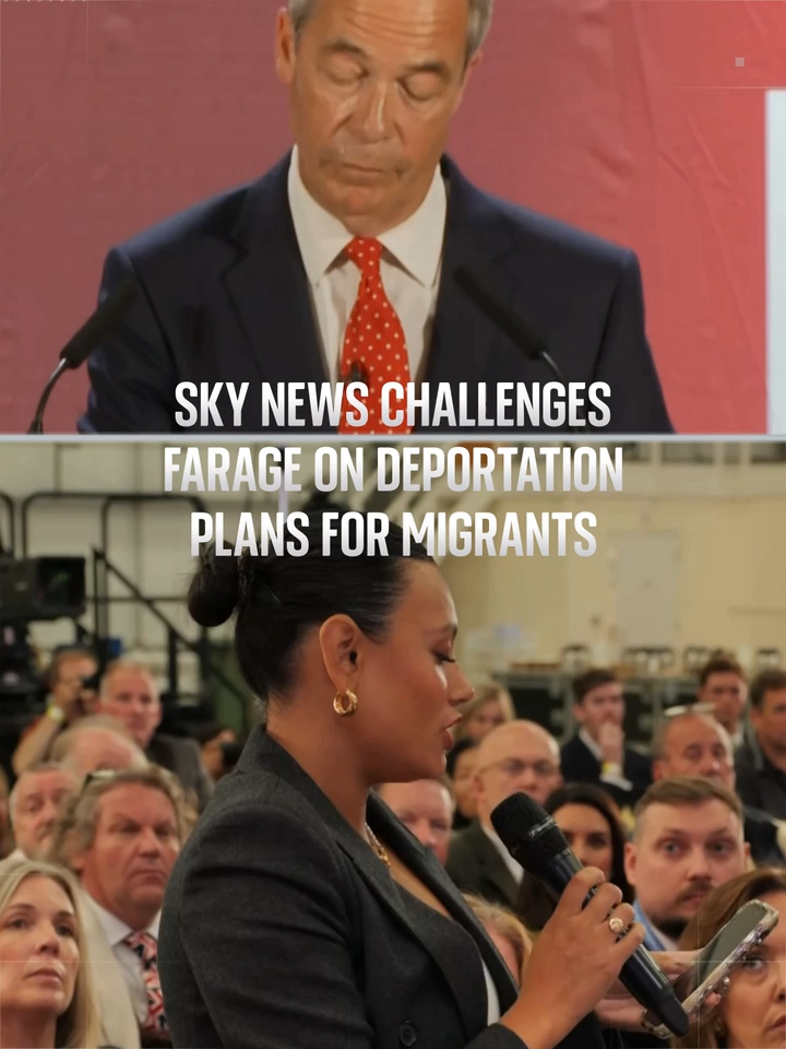 Nigel Farage is unveiling his plans for deporting asylum seekers if Reform UK were to win the next general election, which is set to take place in 2029. Sky's political correspondent Serena Barker-Singh asked the party leader whether women and children would be included in the plans. #nigelfarage #reformuk #skynews