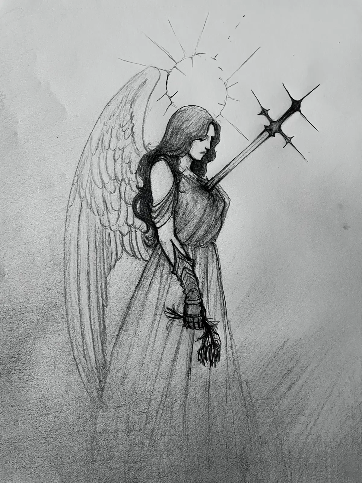 I have been dealing with depression for a long time.. journaling doesn’t seem to help but drawing does. This angel sketch is a representation of my depression. Feels like a heavy sword going through my chest.. I will be okay 🖤 #artistsoftiktok #sketch #angel #fyp #art 