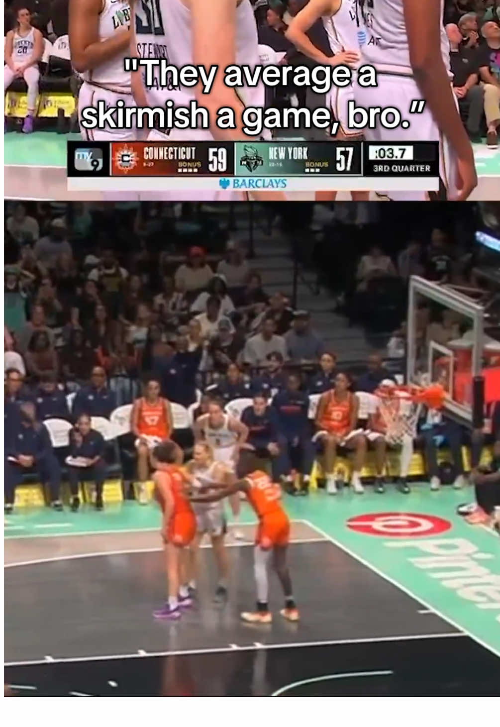 The announcers  after Marine Johannes, Marina Mabrey and Saniya Rivers got into 😅 #WNBA #ConnecticutSun #NYLiberty #basketball 