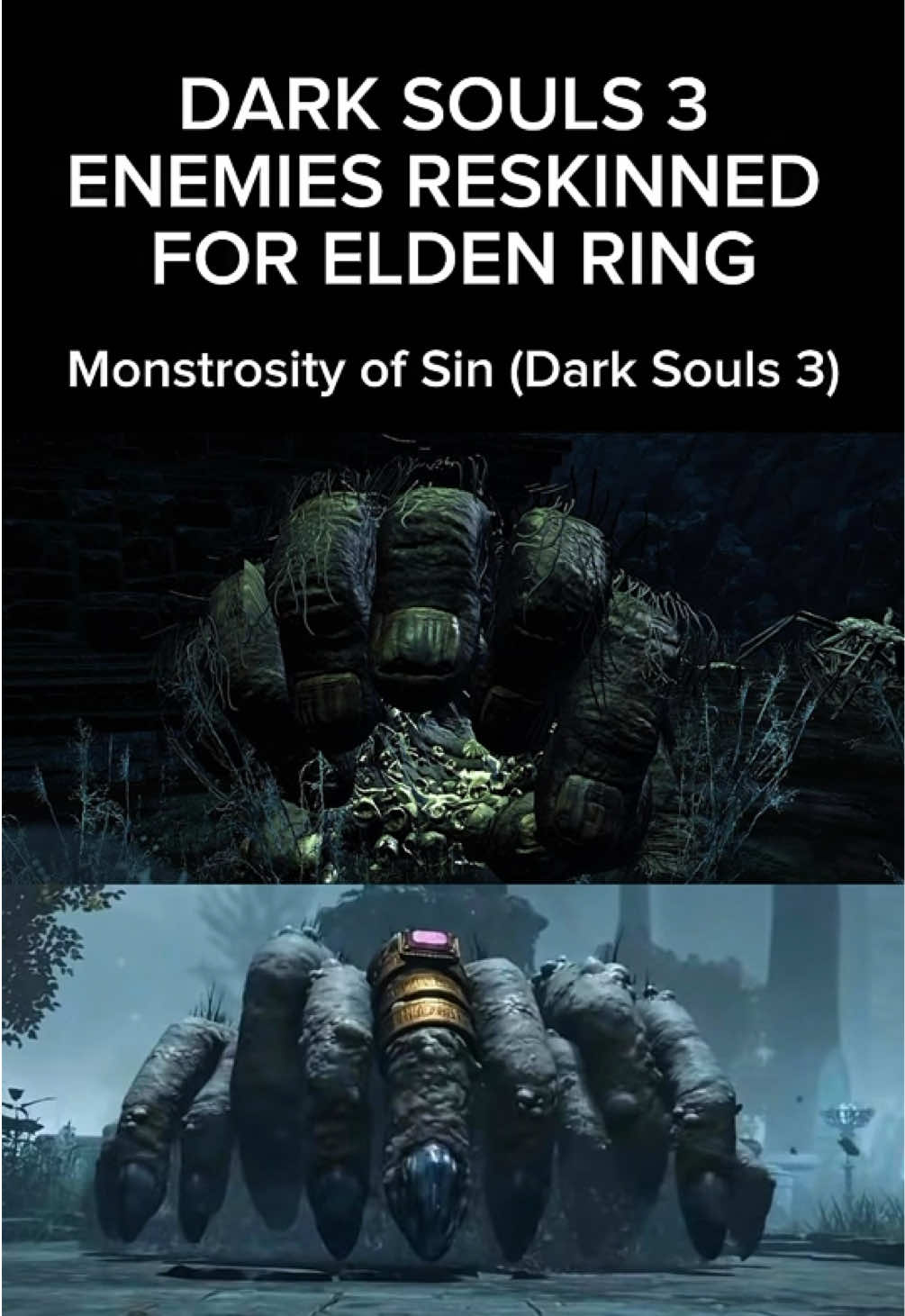 Whether it’s through similar design, appearance, or moveset, many Elden Ring enemies seem to be reskinned, reimagined, or recreated from several enemies in Dark Souls 3. This reel here shows some of the most similar enemies that are both in Dark Souls 3 and Elden Ring. I love reused assets in FromSoft games. It’s a way for me as a player to gauge my improvement in fighting certain enemies, while keeping them fresh and new. It’s also a nice homage to past games and the memories I have with them.